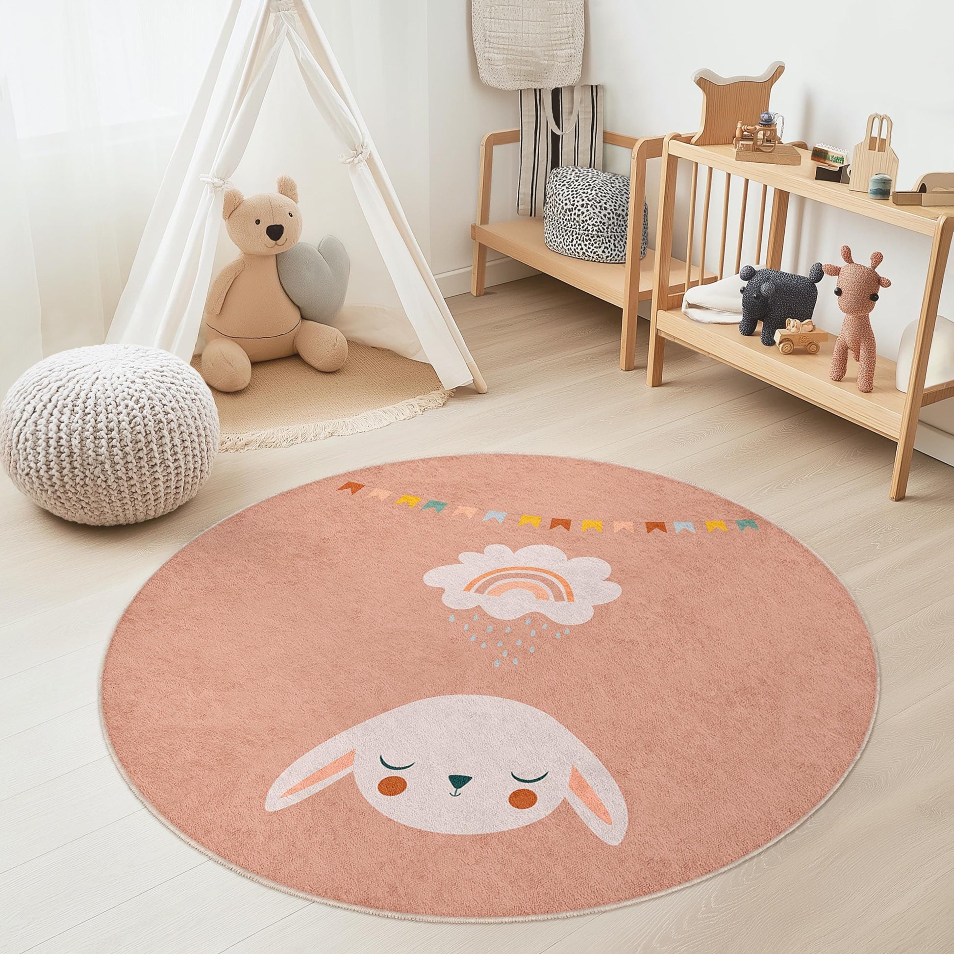 Cute Bunny Rainbow Round Kids Rug, Adorable Kids Play Mat, Soft Nursery Decor, Baby Room Carpet, Playroom Rug, Round Play Mat