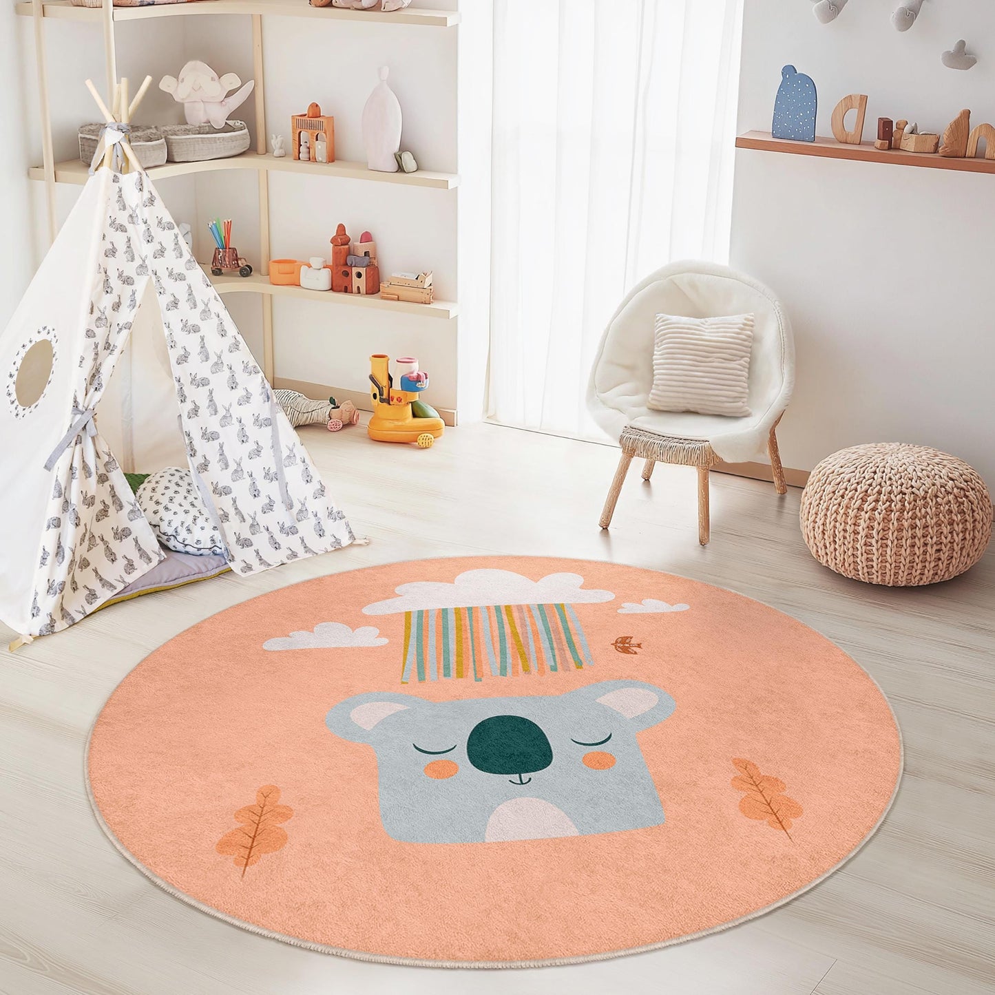 Cute Koala Round Kids Rug, Animal Themed Nursery Decor, Soft Play Mat for Kids Room, Adorable Round Carpet for Playroom