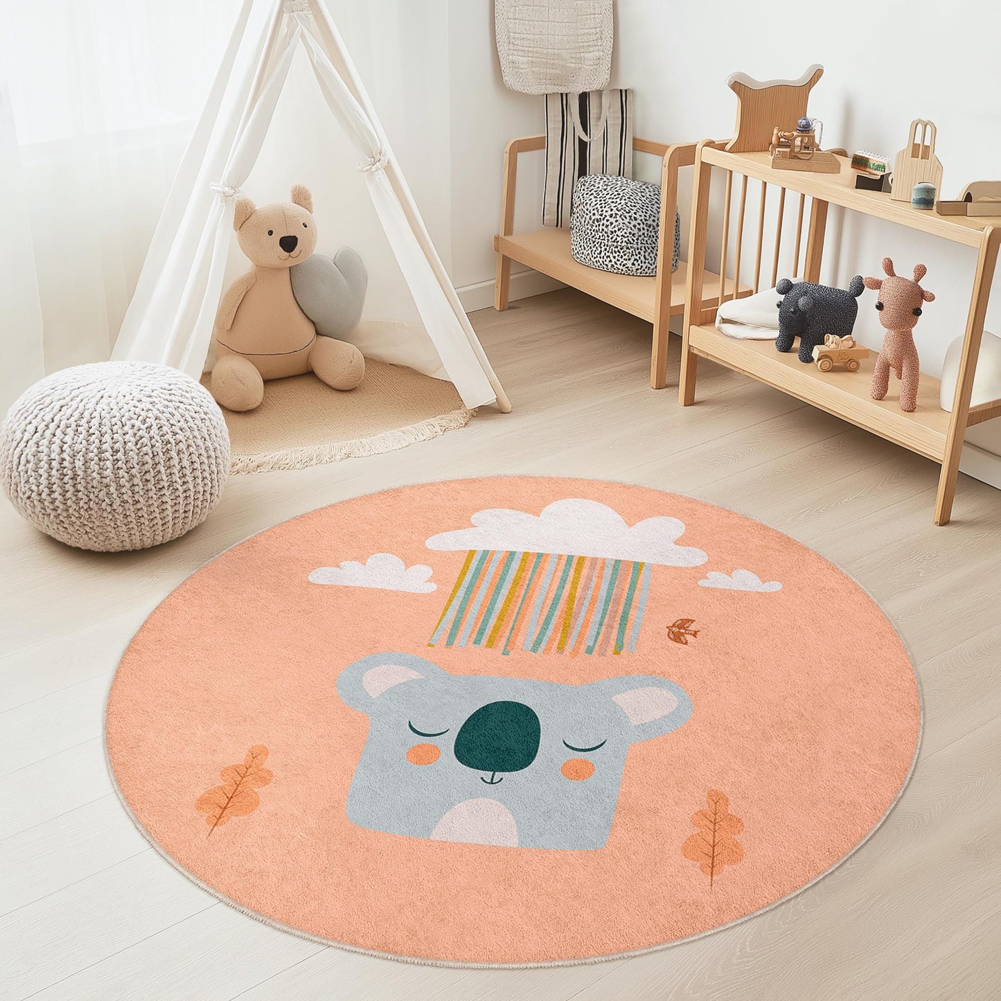 Cute Koala Round Kids Rug, Animal Themed Nursery Decor, Soft Play Mat for Kids Room, Adorable Round Carpet for Playroom