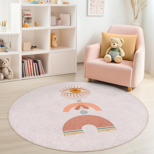 Abstract Eye Design Round Kids Rug, Colorful Playmat for Kids Room, Bohemian Nursery Decor, Soft Round Carpet for Playroom