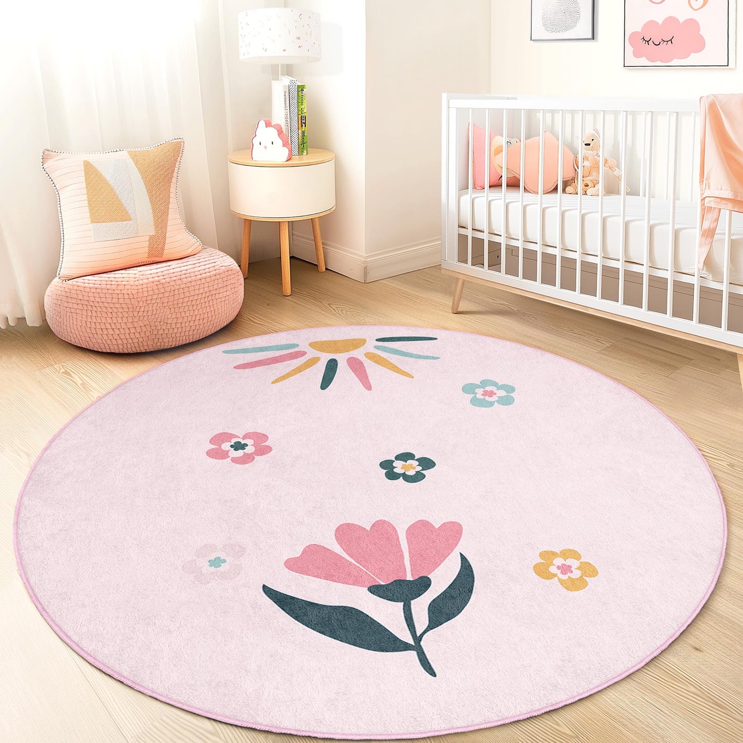 Floral Round Kids Play Rug, Flower Print Round Rug, Nursery Decor, Kids Room Carpet, Cute Floral Mat, Playroom Rug