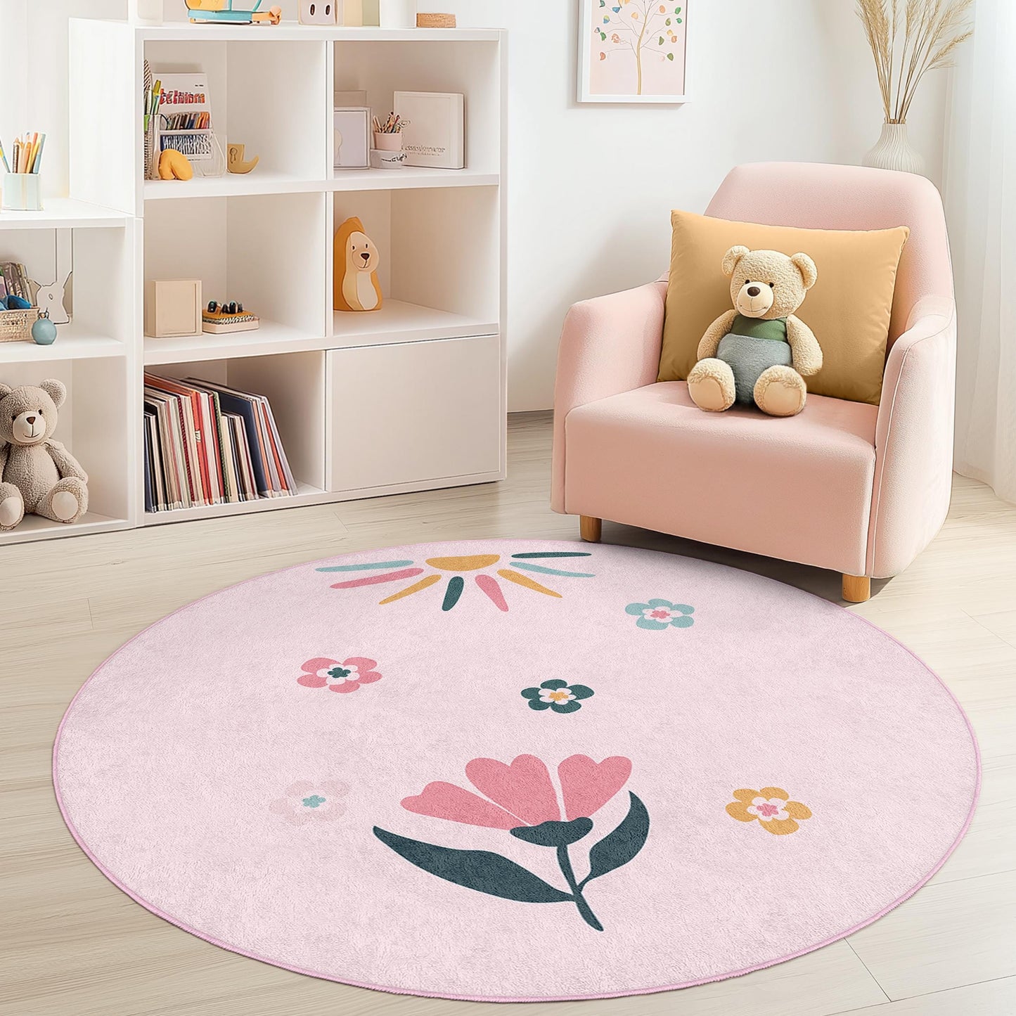 Floral Round Kids Play Rug, Flower Print Round Rug, Nursery Decor, Kids Room Carpet, Cute Floral Mat, Playroom Rug