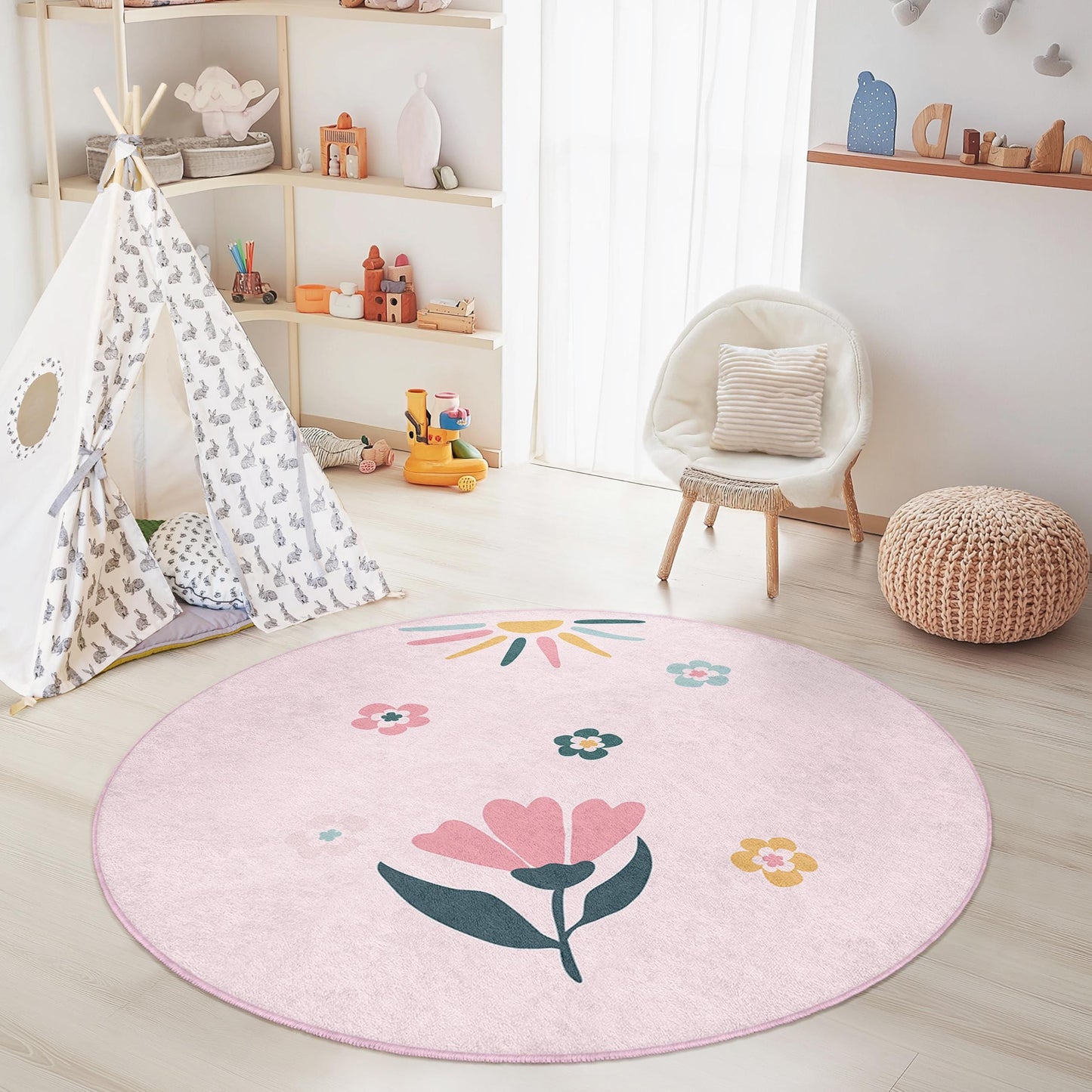 Floral Round Kids Play Rug, Flower Print Round Rug, Nursery Decor, Kids Room Carpet, Cute Floral Mat, Playroom Rug