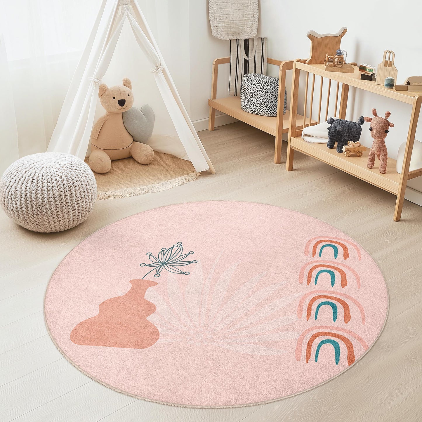 Rainbow Decor Round Kids Room Rug, Boho Rainbow Area Rug, Playful Round Carpet for Nursery, Kids Playroom Decor