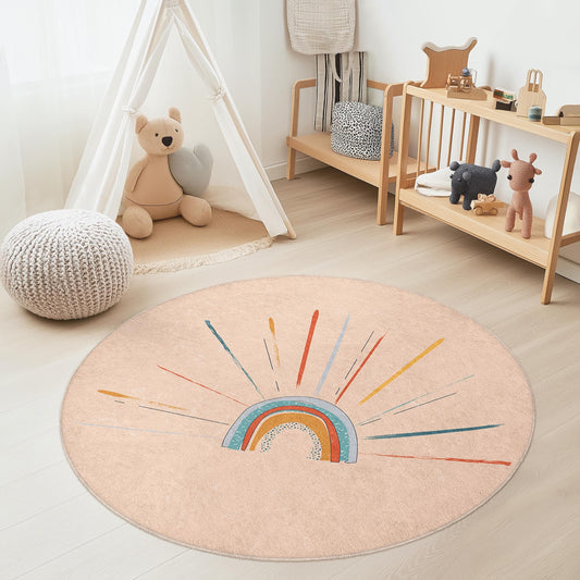 Rainbow Sunburst Round Kids Rug, Boho Rainbow Circle Carpet, Nursery Decor, Playroom Rug, Colorful Soft Rug for Children