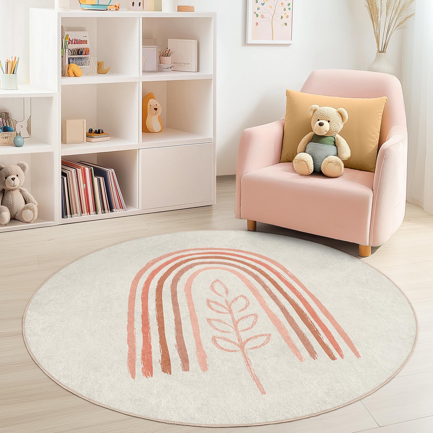Rainbow and Leaf Pattern Round Kids Rug, Boho Nursery Rug, Soft Play Mat for Child's Room, Round Carpet for Playroom Decor