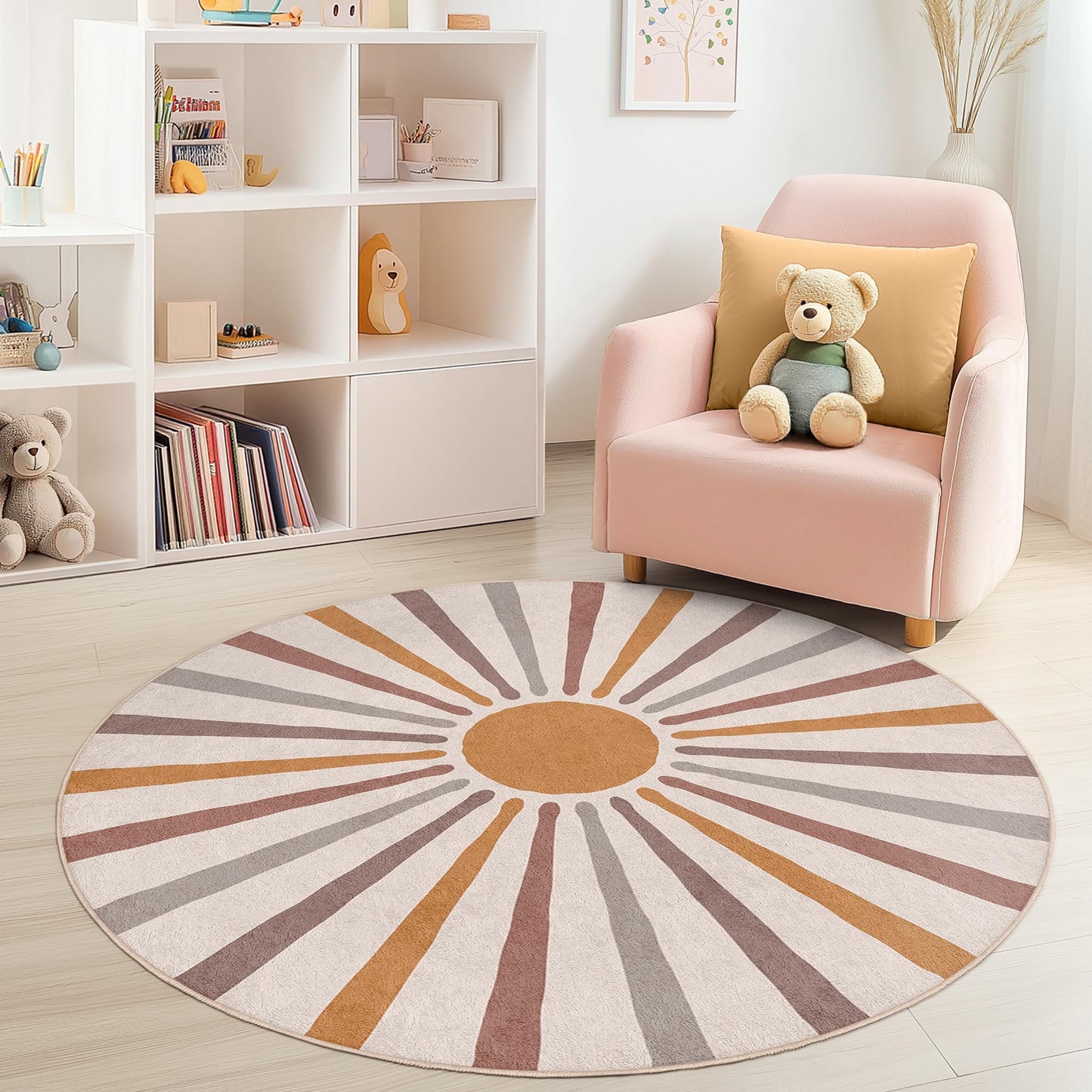 Sunburst Round Area Rug for Kids Room, Warm Tones Round Carpet, Soft Play Mat, Nursery Decor, Kids Bedroom Rug, Playroom Accessory