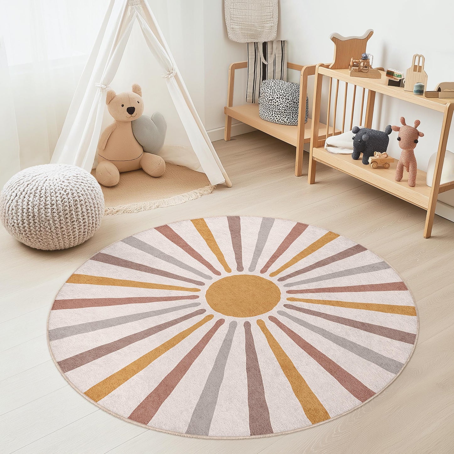 Sunburst Round Area Rug for Kids Room, Warm Tones Round Carpet, Soft Play Mat, Nursery Decor, Kids Bedroom Rug, Playroom Accessory