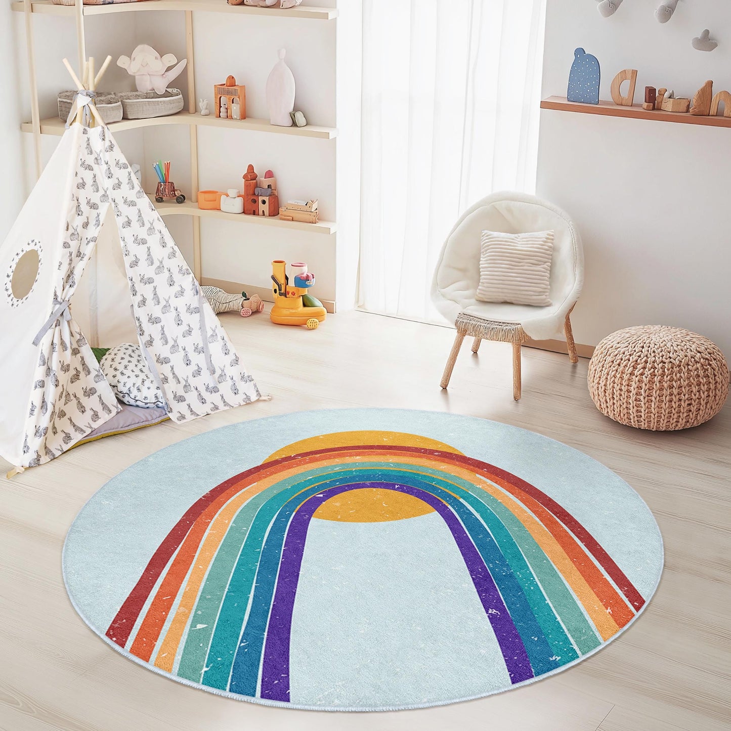 Colorful Rainbow Round Kids Rug, Vibrant Nursery Decor, Round Playroom Rug, Soft Children's Carpet, Baby Room Mat