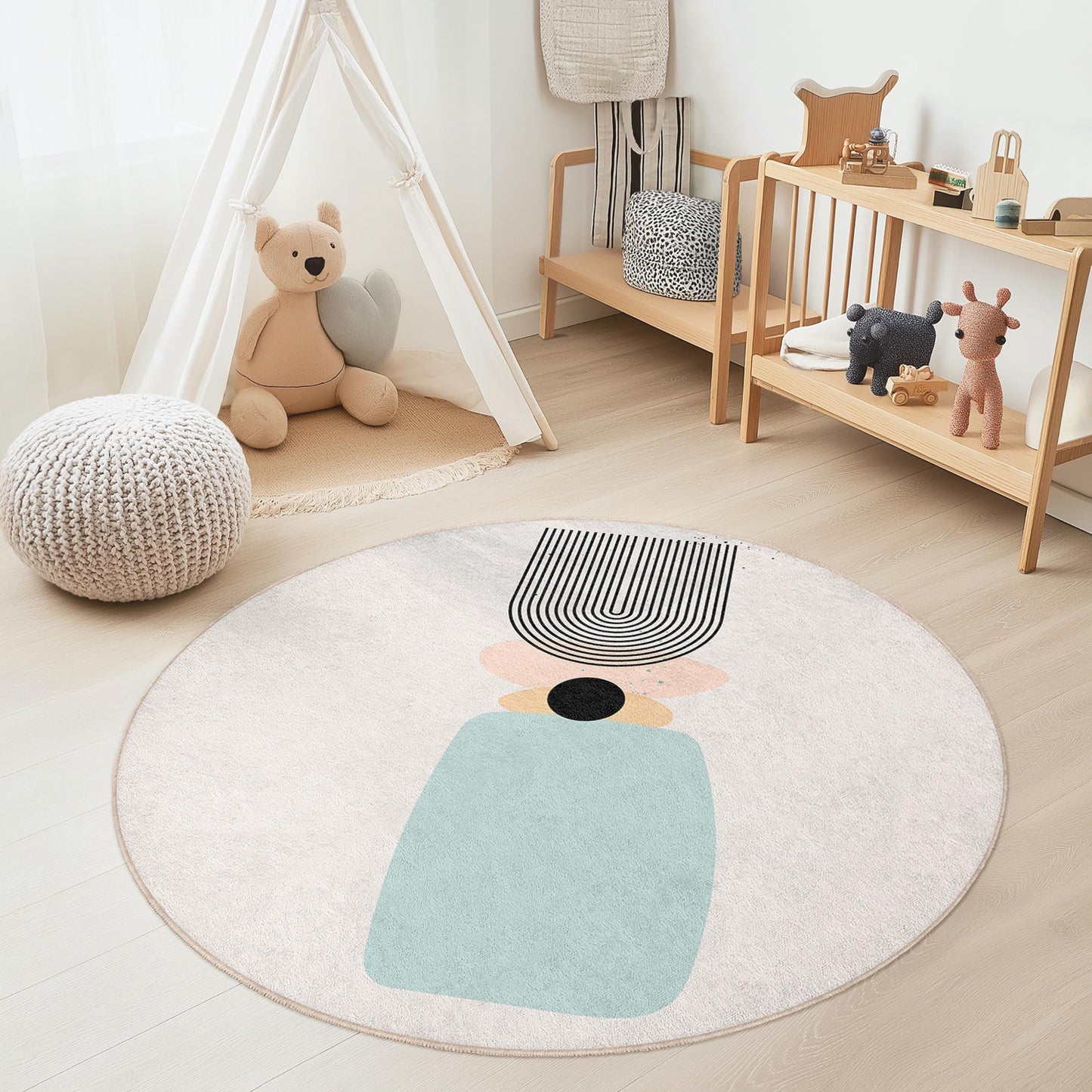 Modern Abstract Round Area Rug, Geometric Pattern Carpet, Stylish Round Rug for Kids Room, Playroom Decor, Soft Circular Rug