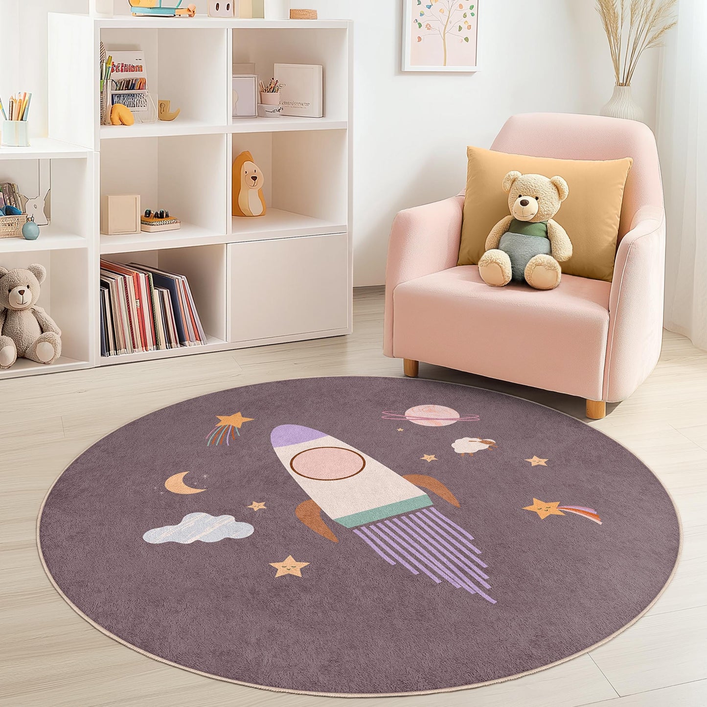 Rocket Space Themed Round Kids Rug, Outer Space Play Mat, Nursery Decor, Playroom Carpet, Soft Round Rug for Children