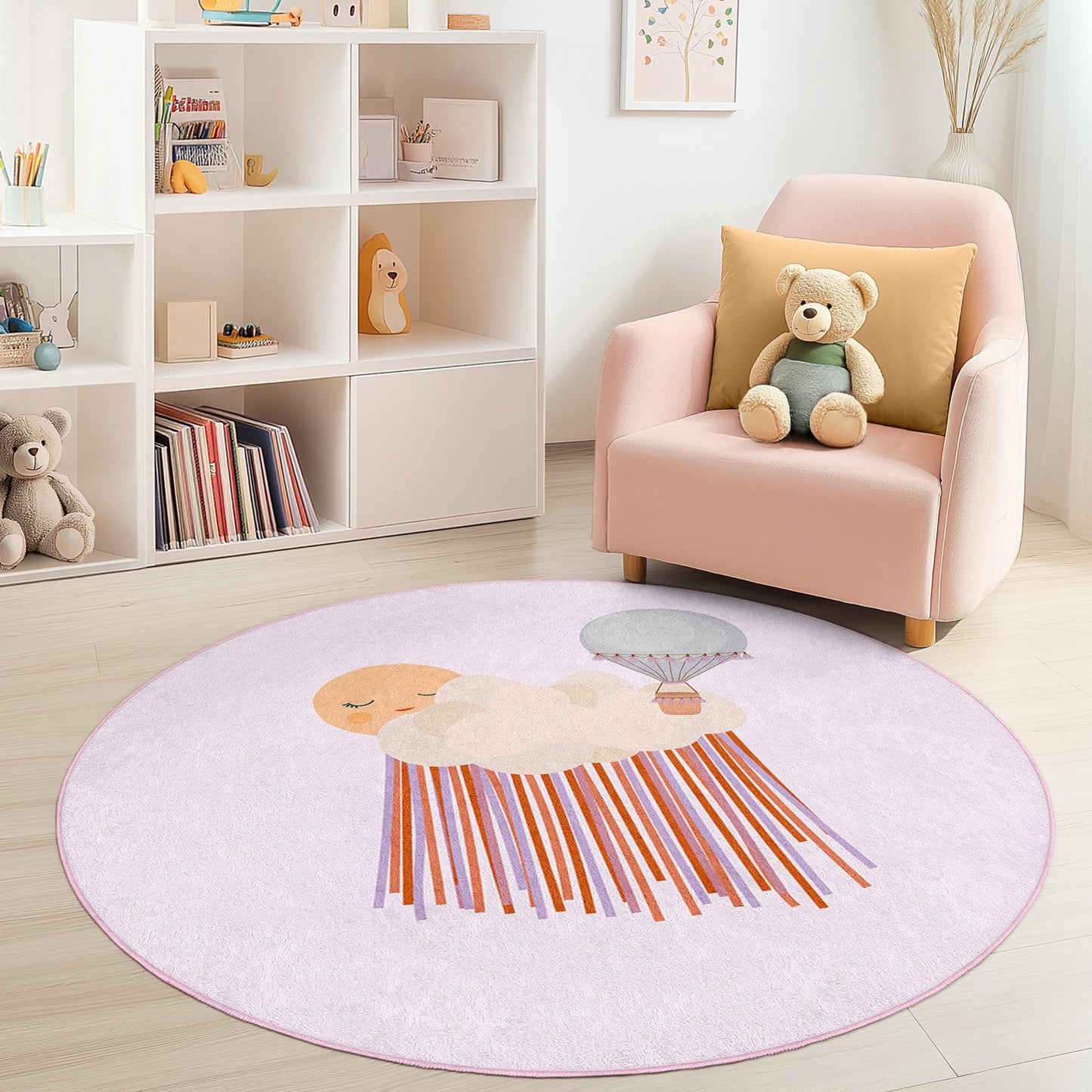 Dreamy Hot Air Balloon Round Kids Rug, Cloud Pattern Play Mat, Nursery Decor, Soft Round Carpet for Children's Room