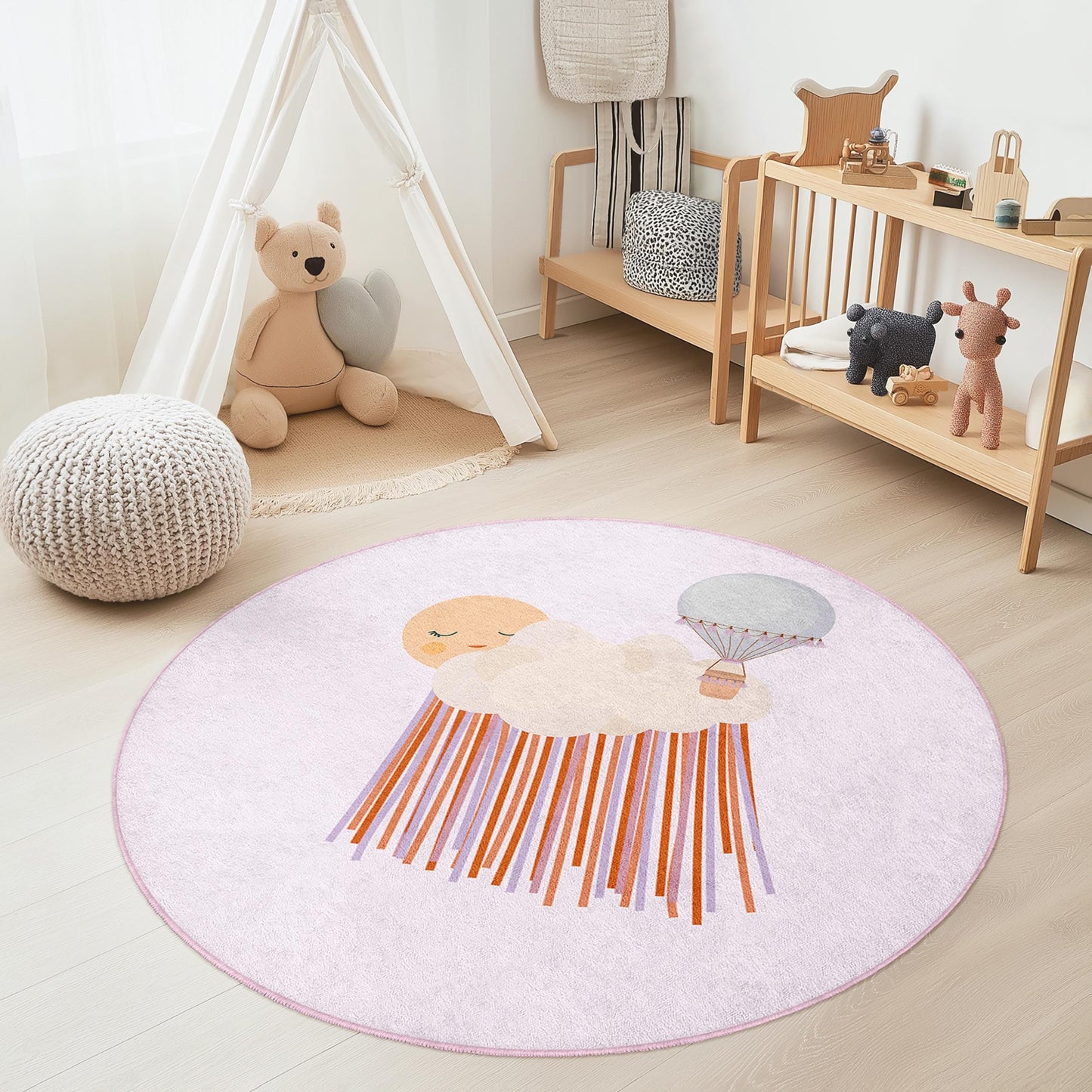 Dreamy Hot Air Balloon Round Kids Rug, Cloud Pattern Play Mat, Nursery Decor, Soft Round Carpet for Children's Room