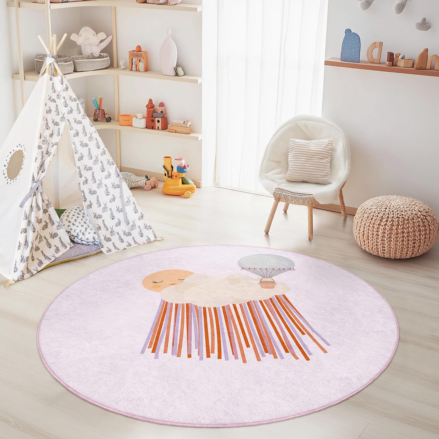 Dreamy Hot Air Balloon Round Kids Rug, Cloud Pattern Play Mat, Nursery Decor, Soft Round Carpet for Children's Room