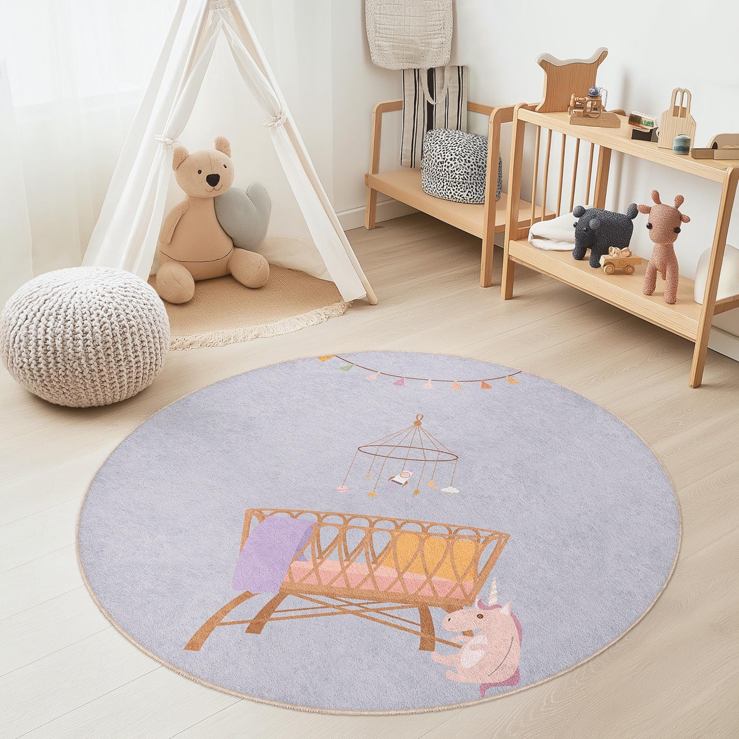 Whimsical Unicorn Round Kids Play Rug, Cute Nursery Carpet, Soft Baby Room Mat, Round Playroom Decor, Playful Unicorn Theme