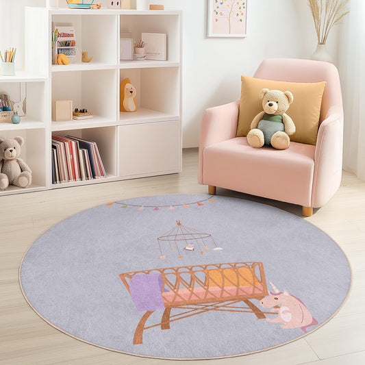 Whimsical Unicorn Round Kids Play Rug, Cute Nursery Carpet, Soft Baby Room Mat, Round Playroom Decor, Playful Unicorn Theme