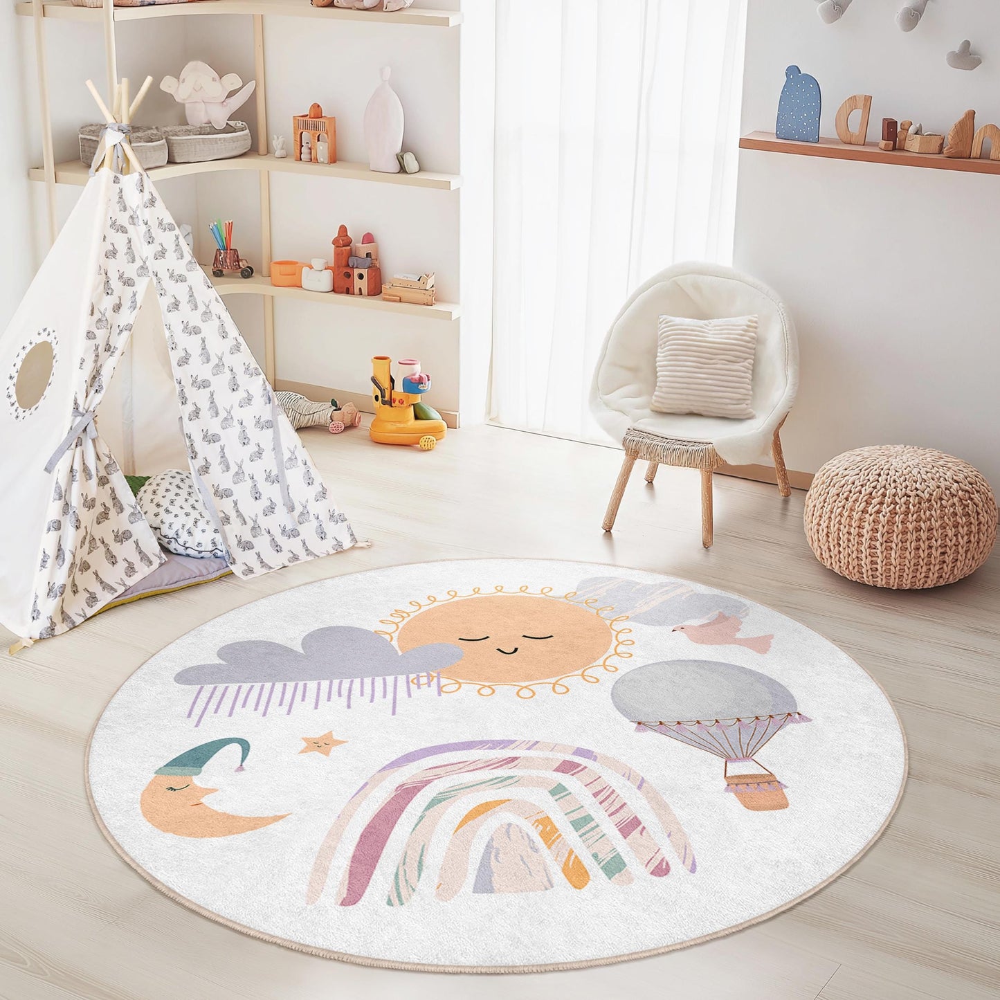 Sunny Day Round Kids Play Rug, Sky Theme Rug for Nursery, Cute Rainbow and Balloon Design, Cozy Play Mat for Children's Room