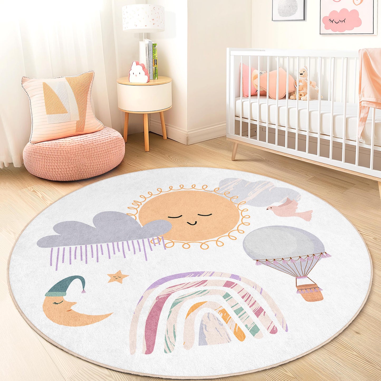 Sunny Day Round Kids Play Rug, Sky Theme Rug for Nursery, Cute Rainbow and Balloon Design, Cozy Play Mat for Children's Room
