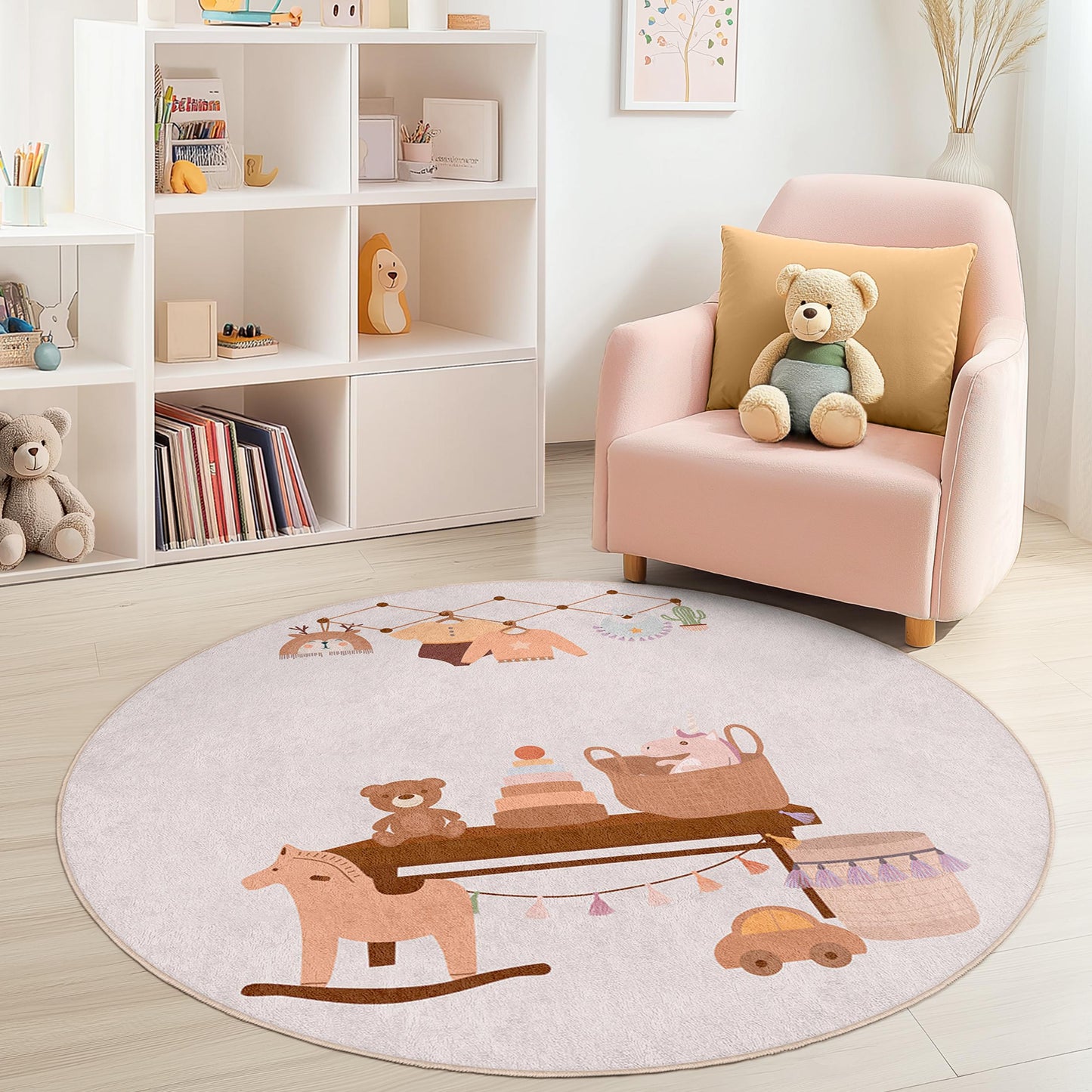 Cute Round Kids Room Rug, Playful Nursery Decor, Soft Play Mat for Babies, Adorable Animal Theme Carpet, Cozy Toddler Room Rug