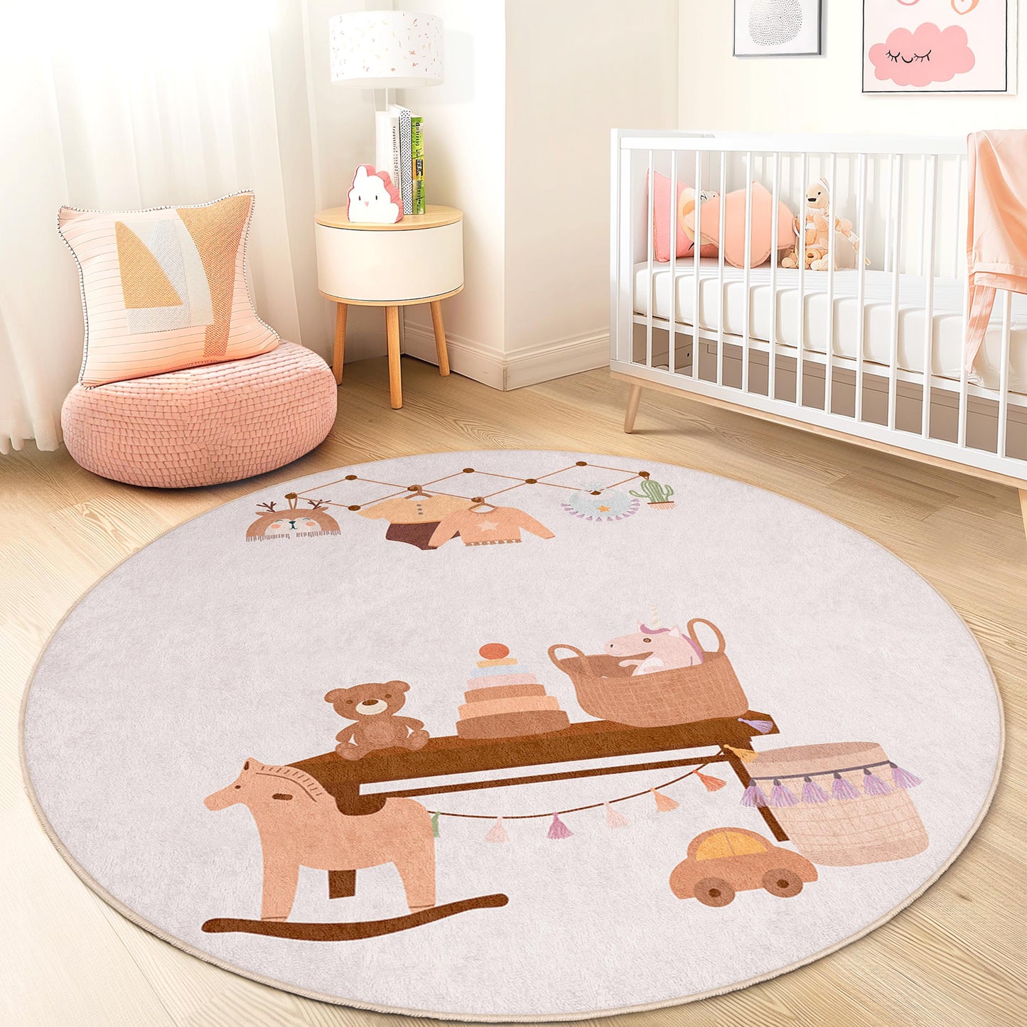 Cute Round Kids Room Rug, Playful Nursery Decor, Soft Play Mat for Babies, Adorable Animal Theme Carpet, Cozy Toddler Room Rug