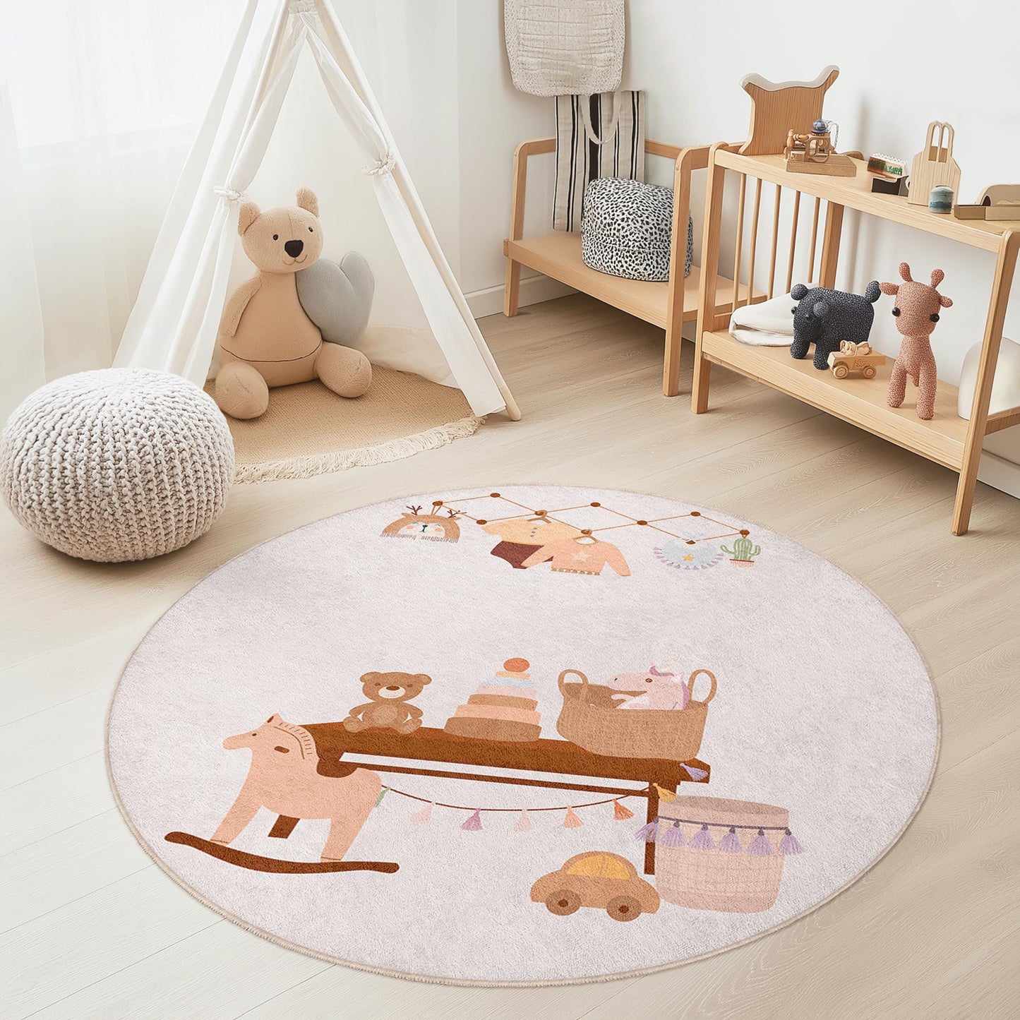 Cute Round Kids Room Rug, Playful Nursery Decor, Soft Play Mat for Babies, Adorable Animal Theme Carpet, Cozy Toddler Room Rug