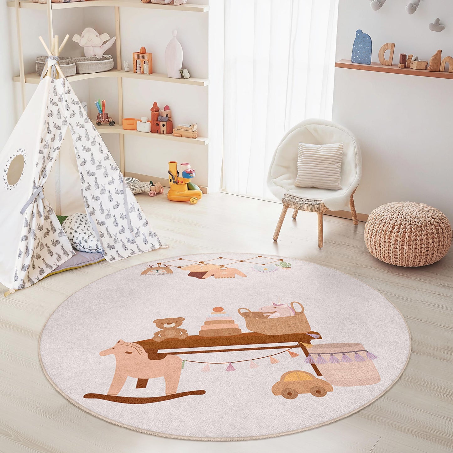 Cute Round Kids Room Rug, Playful Nursery Decor, Soft Play Mat for Babies, Adorable Animal Theme Carpet, Cozy Toddler Room Rug