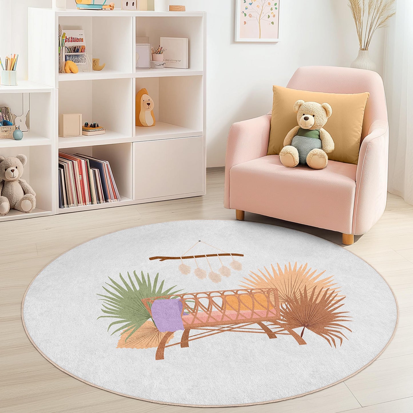 Round Nursery Rug with Tropical Plants, Soft Kids Play Mat, Baby Room Decor, Eco-Friendly Round Rug, Cozy Nursery Carpet