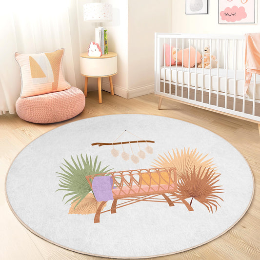 Round Nursery Rug with Tropical Plants, Soft Kids Play Mat, Baby Room Decor, Eco-Friendly Round Rug, Cozy Nursery Carpet