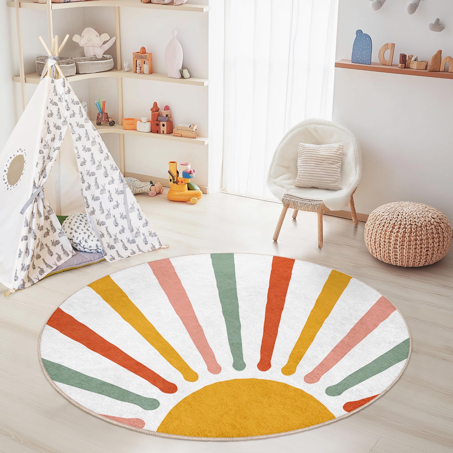 Radiant Sunburst Round Kids Rug, Colorful Playroom Carpet, Nursery Decor, Soft Round Area Rug, Bright Children's Room Rug