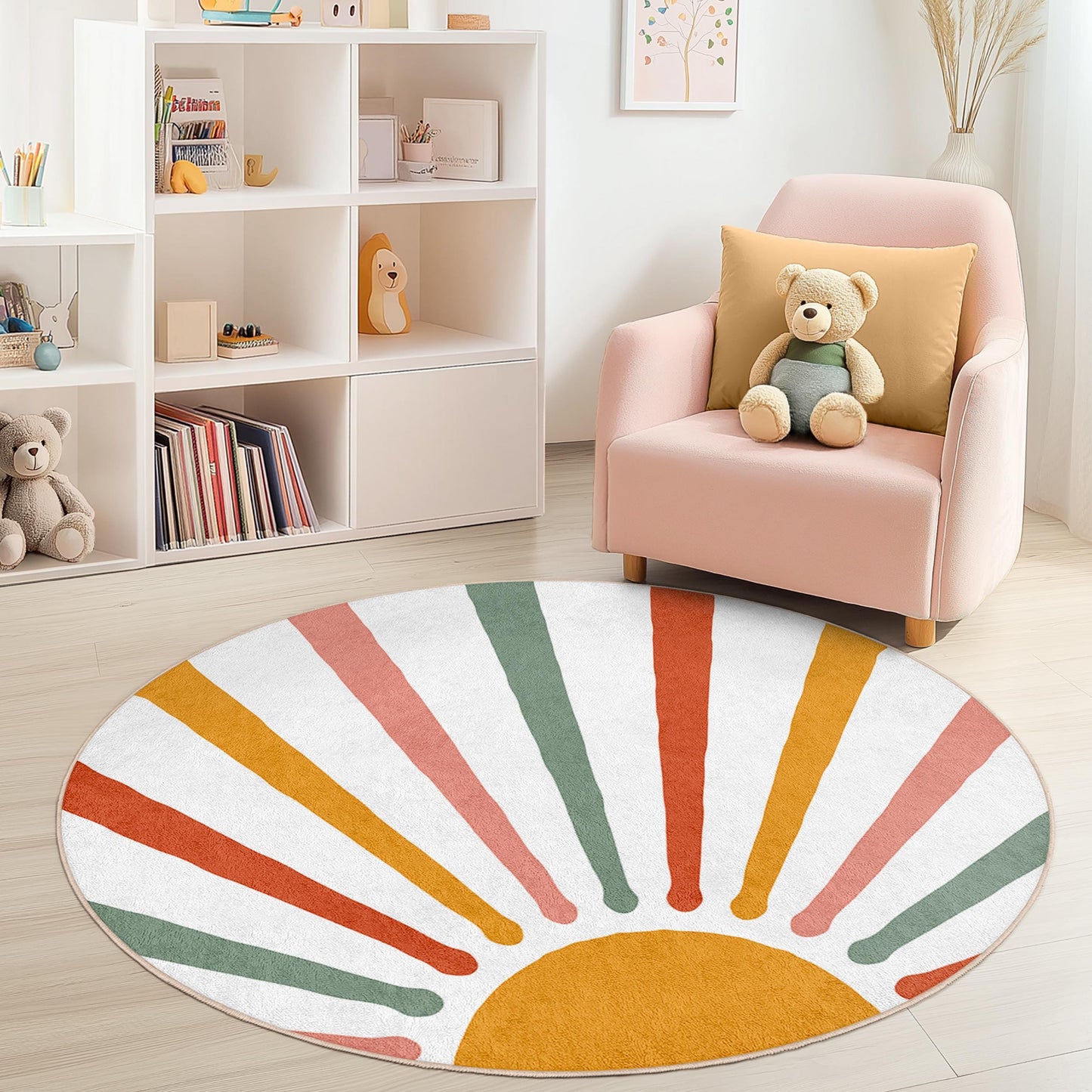Radiant Sunburst Round Kids Rug, Colorful Playroom Carpet, Nursery Decor, Soft Round Area Rug, Bright Children's Room Rug