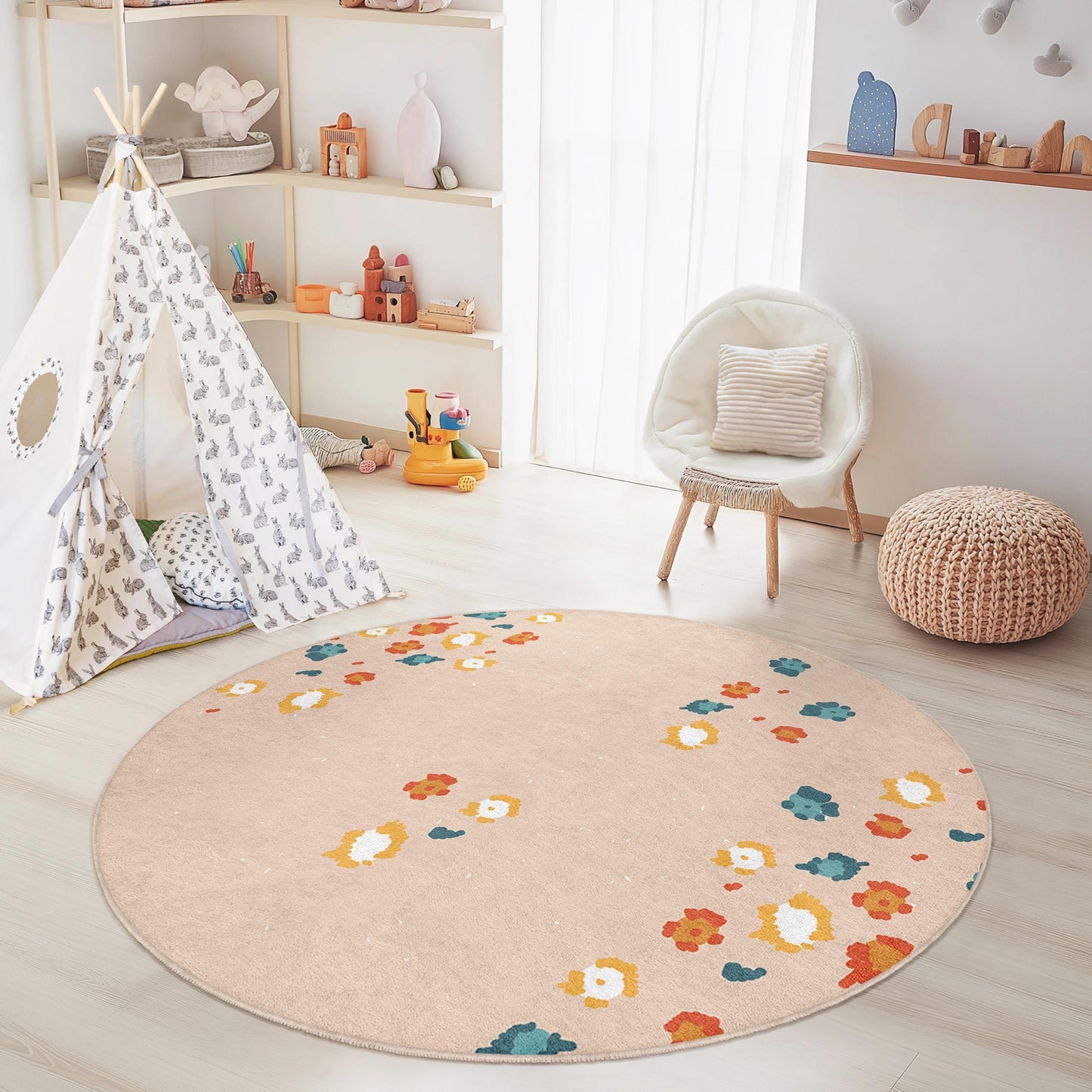 Floral Pattern Round Area Rug, Kids Room Decor, Soft Round Carpet, Playroom Rug, Nursery Area Rug, Kids Play Mat