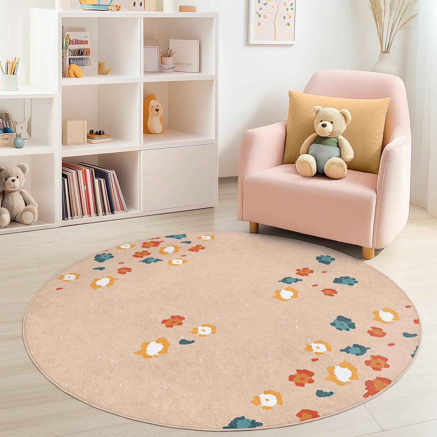 Floral Pattern Round Area Rug, Kids Room Decor, Soft Round Carpet, Playroom Rug, Nursery Area Rug, Kids Play Mat