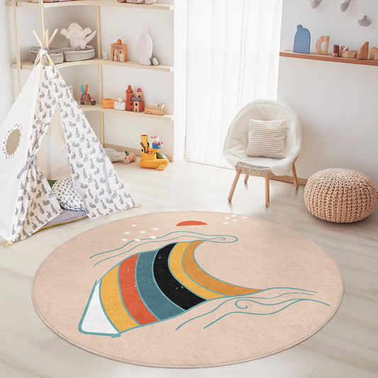 Colorful Wave Round Kids Area Rug, Beach Theme Playroom Rug, Round Carpet for Kids Room, Ocean Decor, Nautical Kids Rug