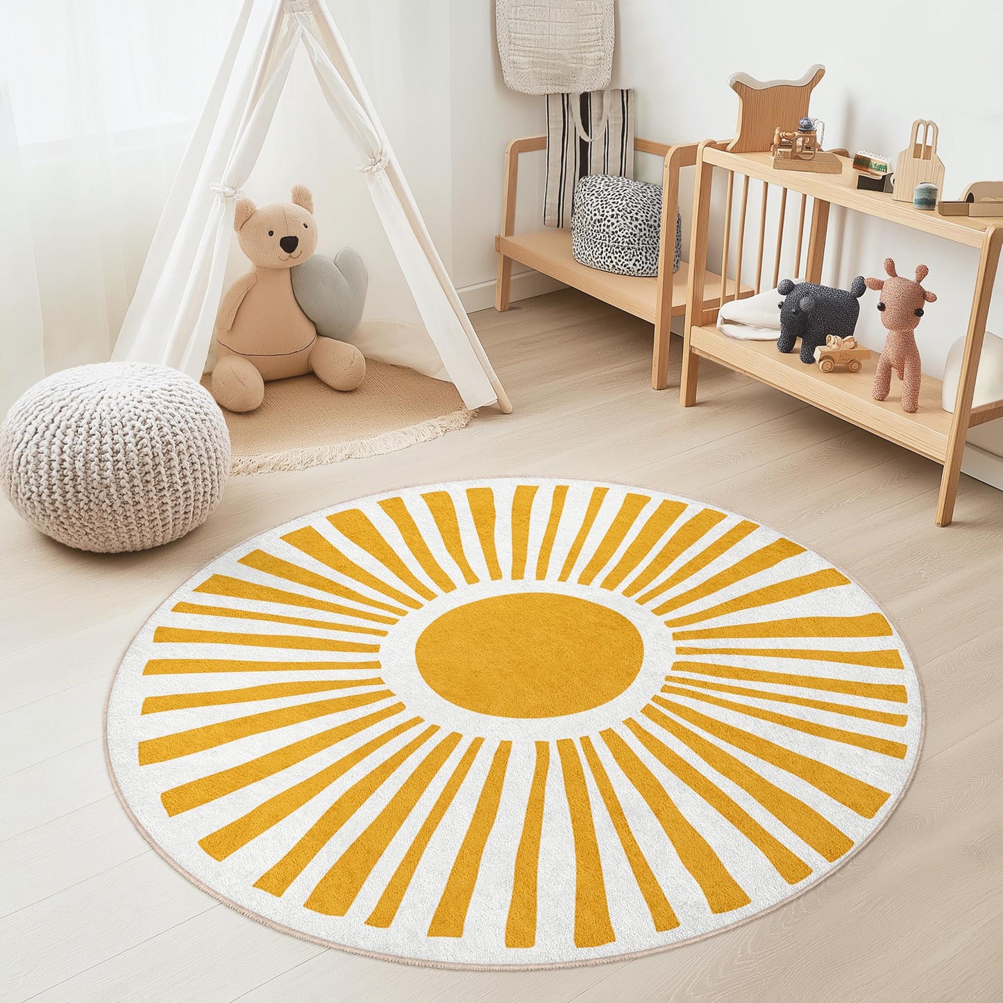 Sunburst Round Kids Play Rug, Yellow Sun Circle Rug, Circle Play Mat for Kids Room, Bright Nursery Decor, Fun Kids Area Rug
