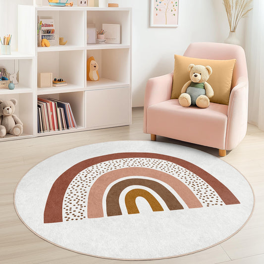 Rainbow Pattern Round Kids Rug, Soft Nursery Carpet, Playroom Decor, Colorful Round Rug for Children, Rainbow Theme Rug