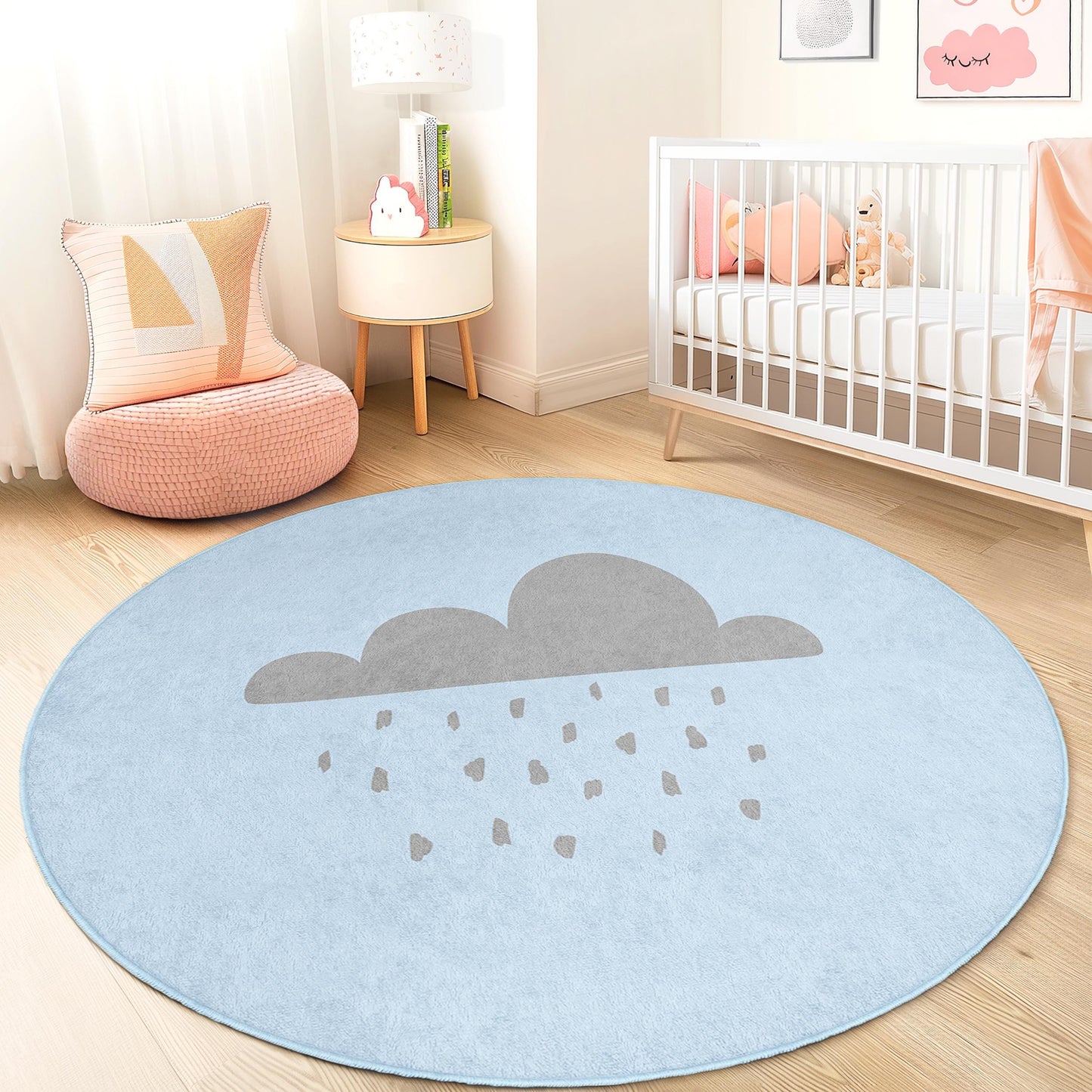 Cloudy Day Round Kids Rug, Cute Rain Cloud Play Mat, Nursery Decor, Soft Round Rug for Kids Room, Playroom Carpet