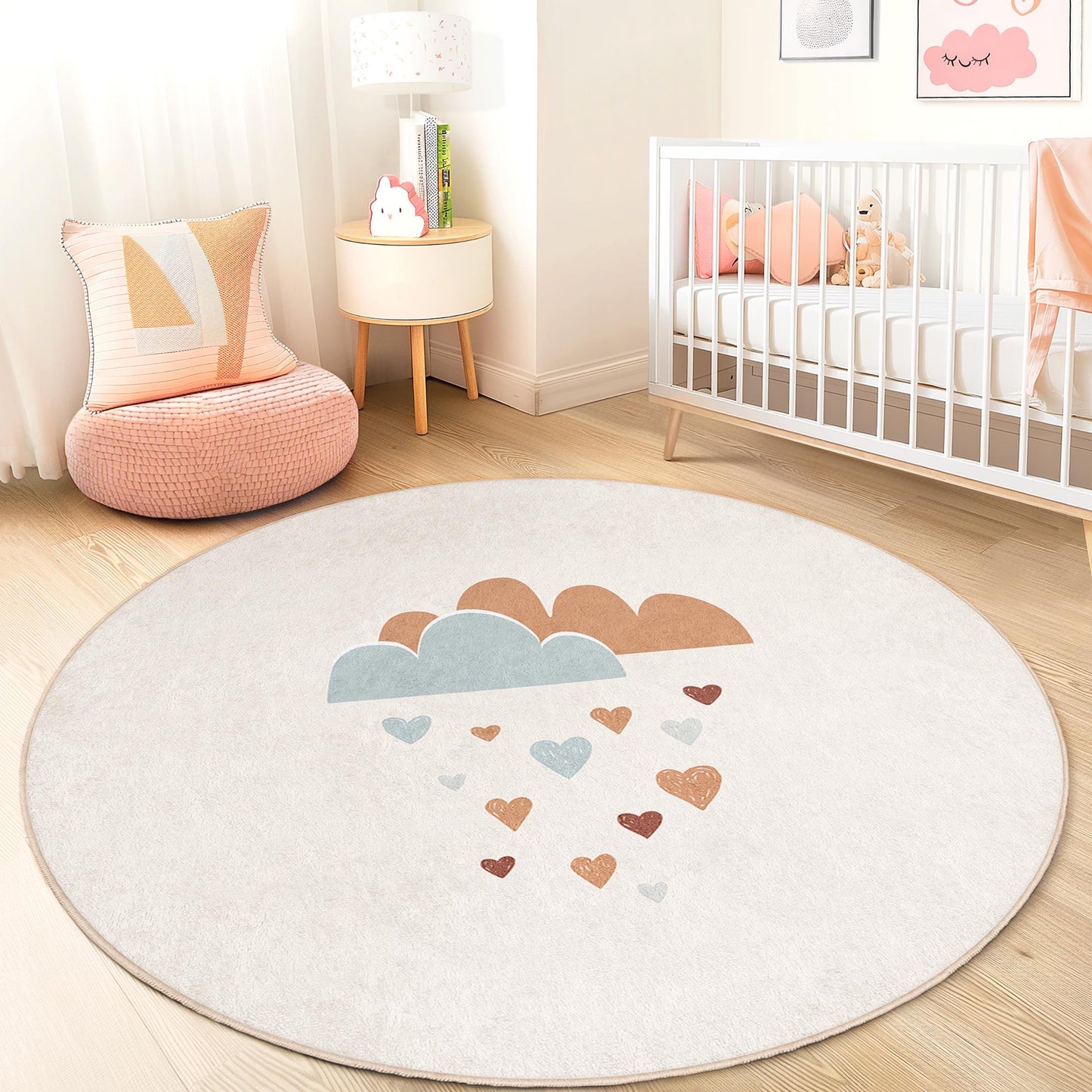 Cute Cloud and Heart Pattern Round Kids Rug, Playroom Decor, Soft Nursery Mat, Baby Room Carpet, Adorable Childrens Rug