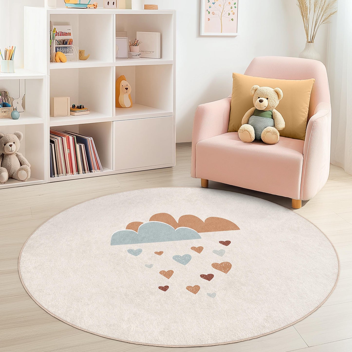 Cute Cloud and Heart Pattern Round Kids Rug, Playroom Decor, Soft Nursery Mat, Baby Room Carpet, Adorable Childrens Rug