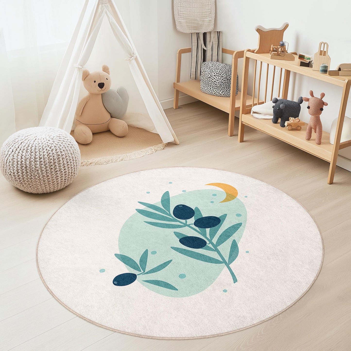 Olive Branch Round Kids Rug, Nature Themed Nursery Carpet, Soft Play Mat for Kids Room, Round Decorative Area Rug