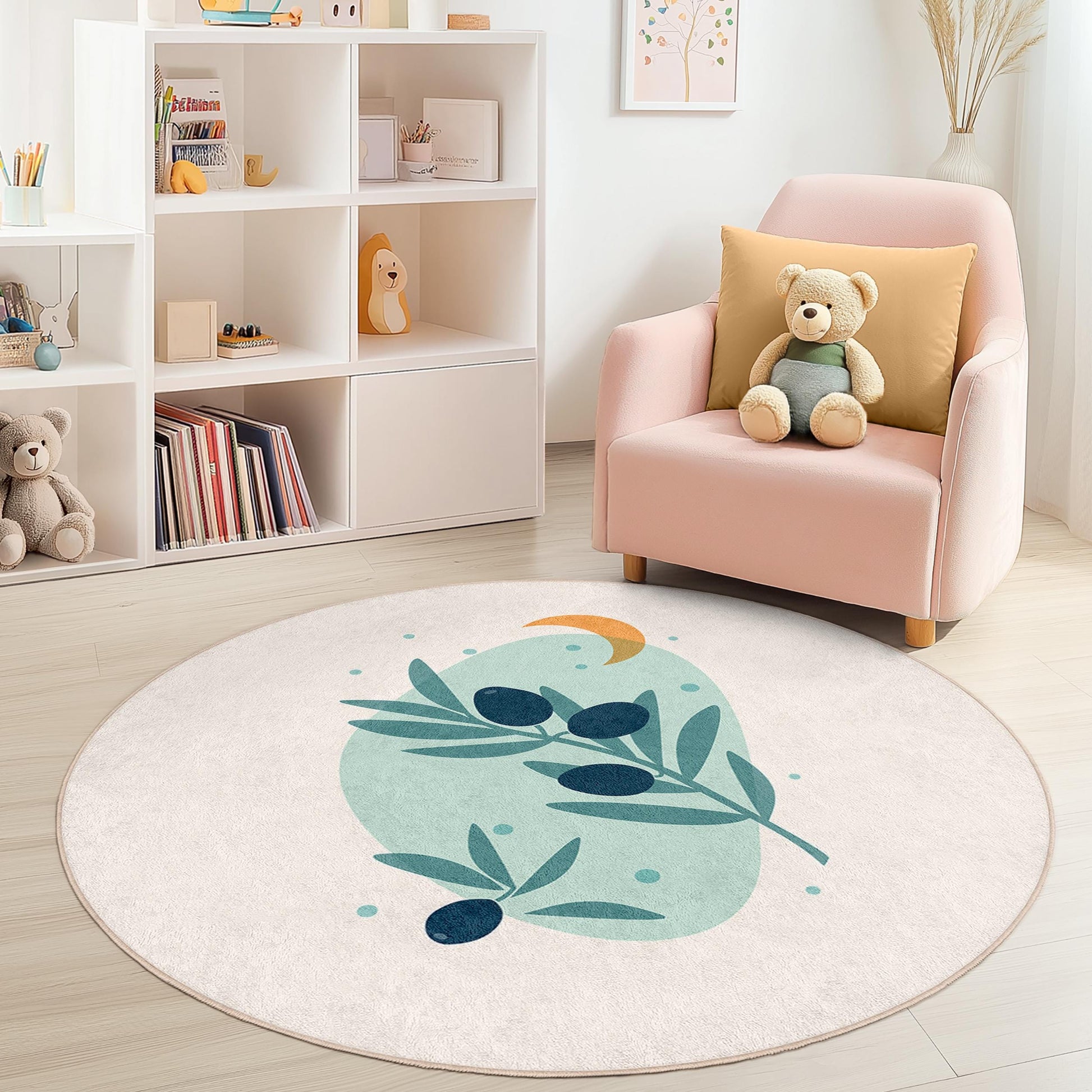 Olive Branch Round Kids Rug, Nature Themed Nursery Carpet, Soft Play Mat for Kids Room, Round Decorative Area Rug