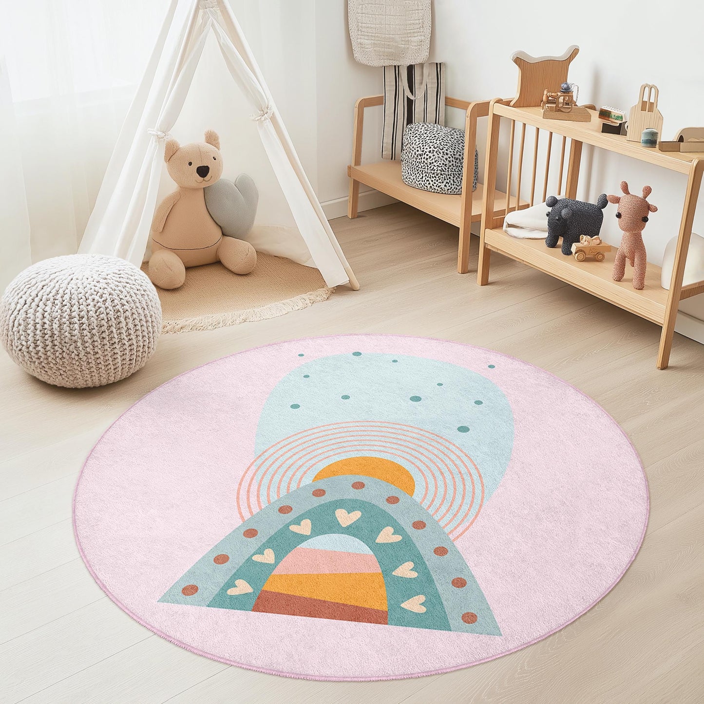 Rainbow Heart Circle Kids Rug, Colorful Round Play Mat, Cute Nursery Decor, Kids Room Carpet, Soft Playroom Rug