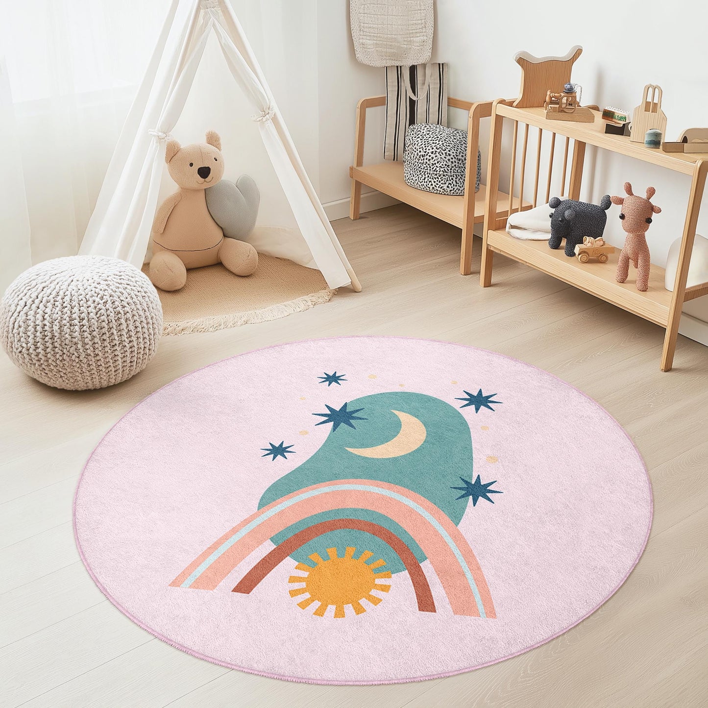 Whimsical Rainbow and Moon Round Kids Rug, Colorful Playroom Carpet, Soft Nursery Decor, Toddler Room Mat, Kids Room Design