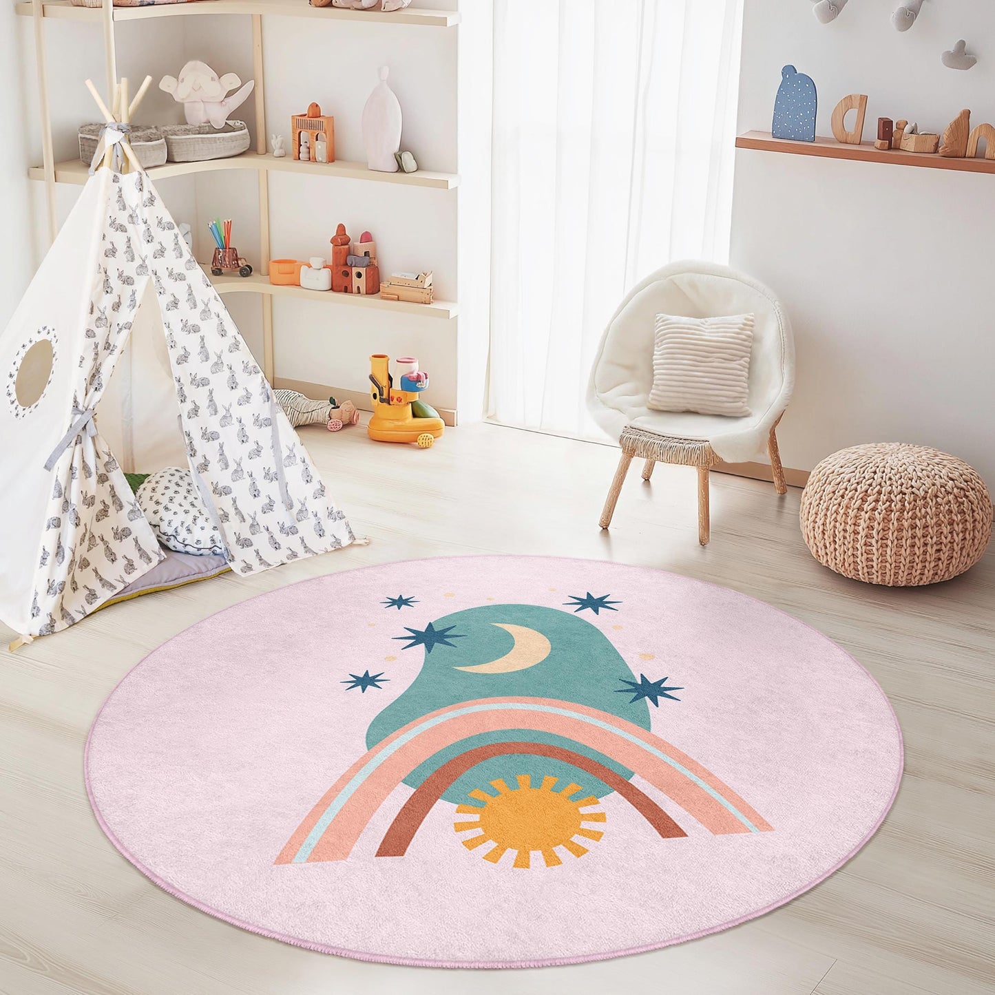 Whimsical Rainbow and Moon Round Kids Rug, Colorful Playroom Carpet, Soft Nursery Decor, Toddler Room Mat, Kids Room Design