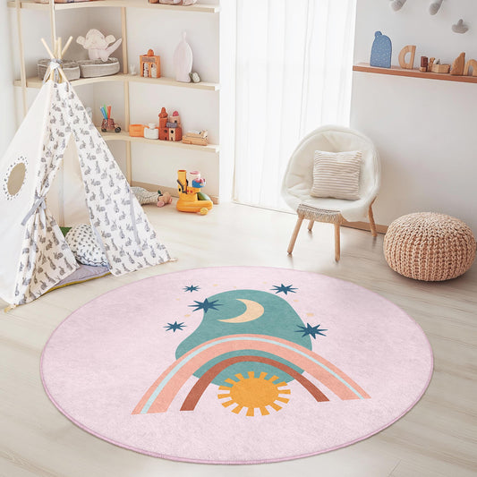 Whimsical Rainbow and Moon Round Kids Rug, Colorful Playroom Carpet, Soft Nursery Decor, Toddler Room Mat, Kids Room Design