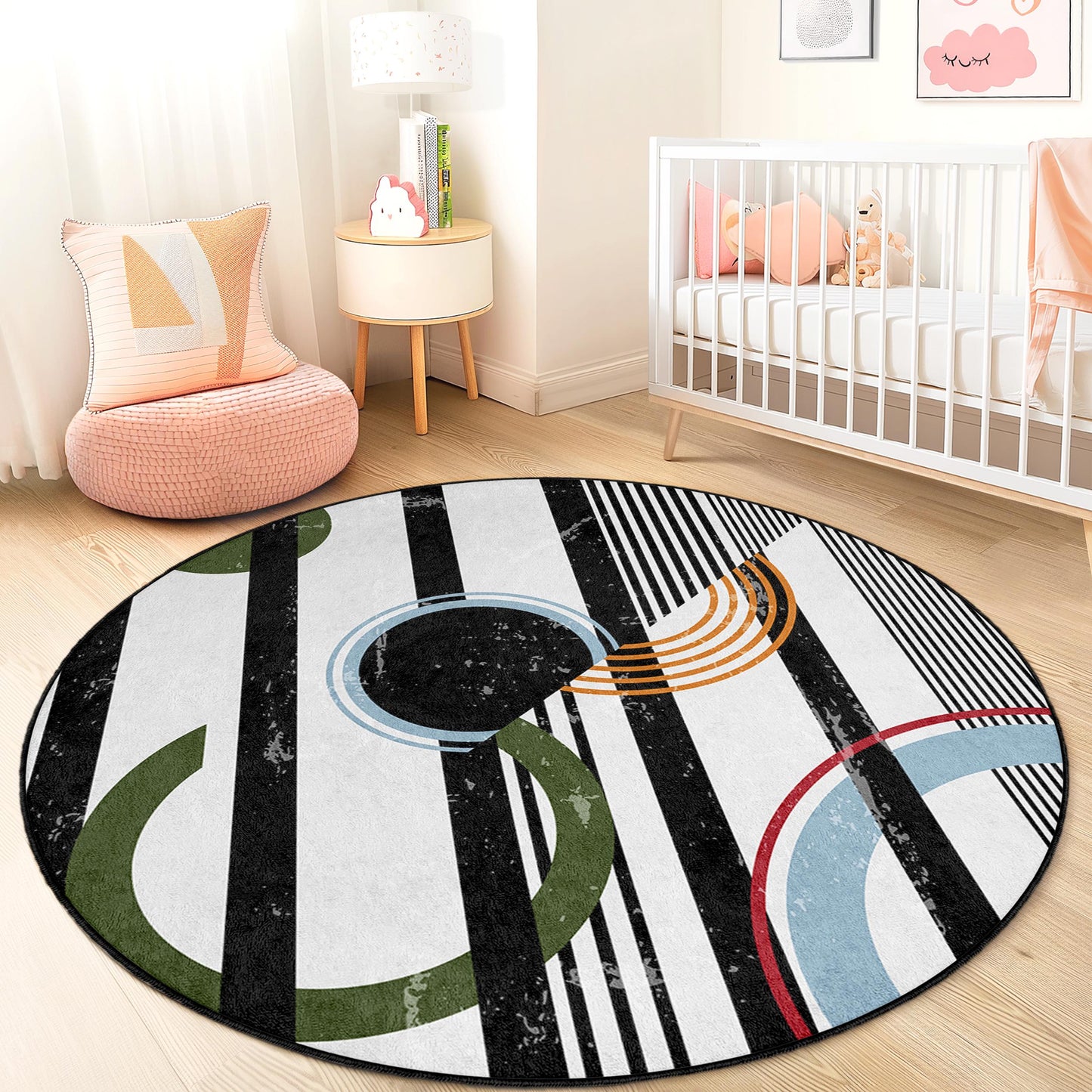 Modern Geometric Round Area Rug, Abstract Circle Design, Boho Style Carpet for Kids Room, Playroom Decor, Soft Round Rug