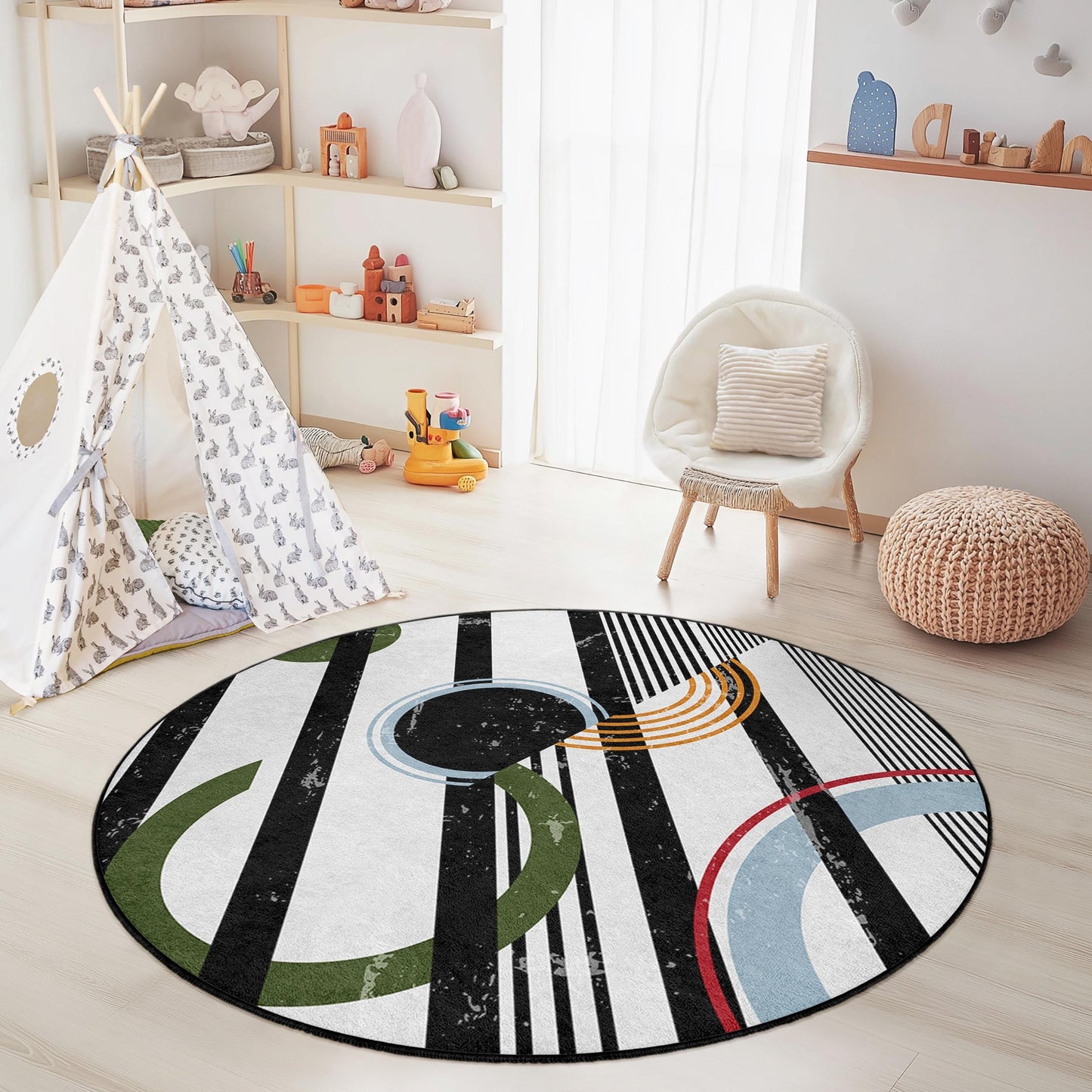 Modern Geometric Round Area Rug, Abstract Circle Design, Boho Style Carpet for Kids Room, Playroom Decor, Soft Round Rug
