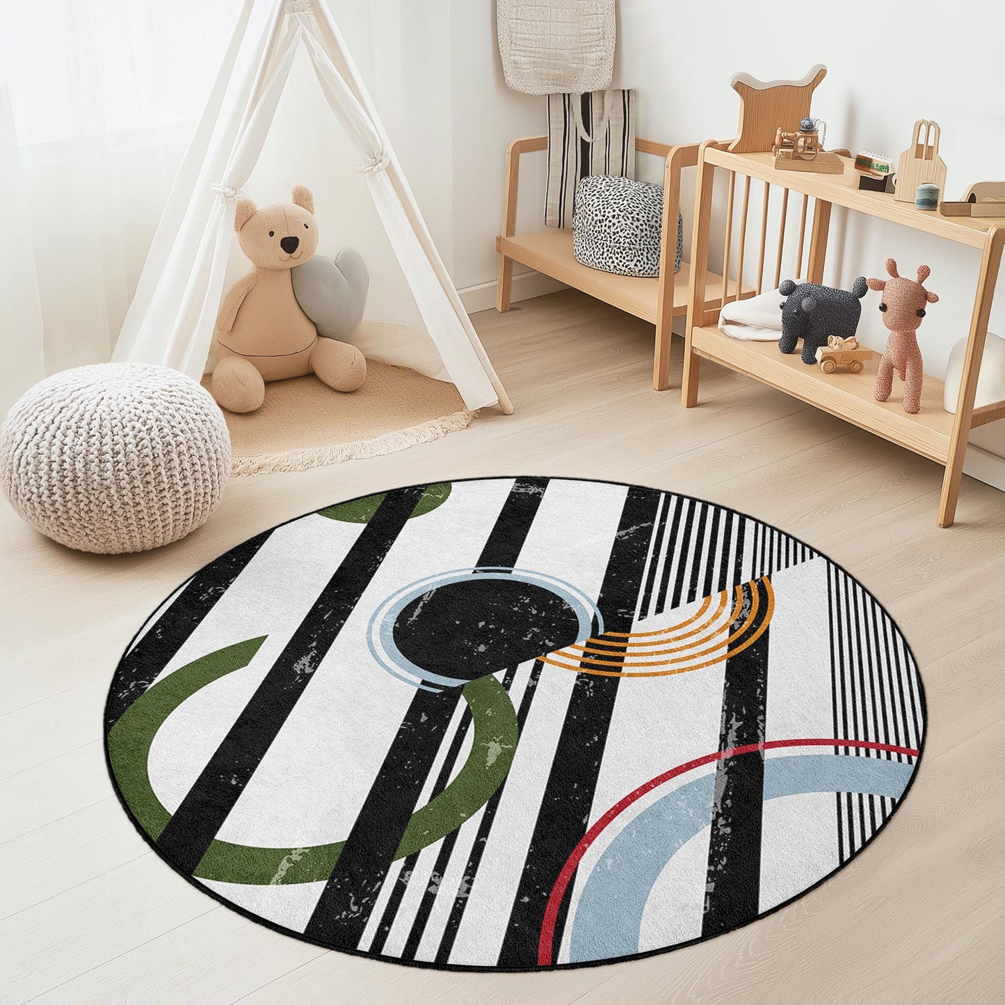 Modern Geometric Round Area Rug, Abstract Circle Design, Boho Style Carpet for Kids Room, Playroom Decor, Soft Round Rug