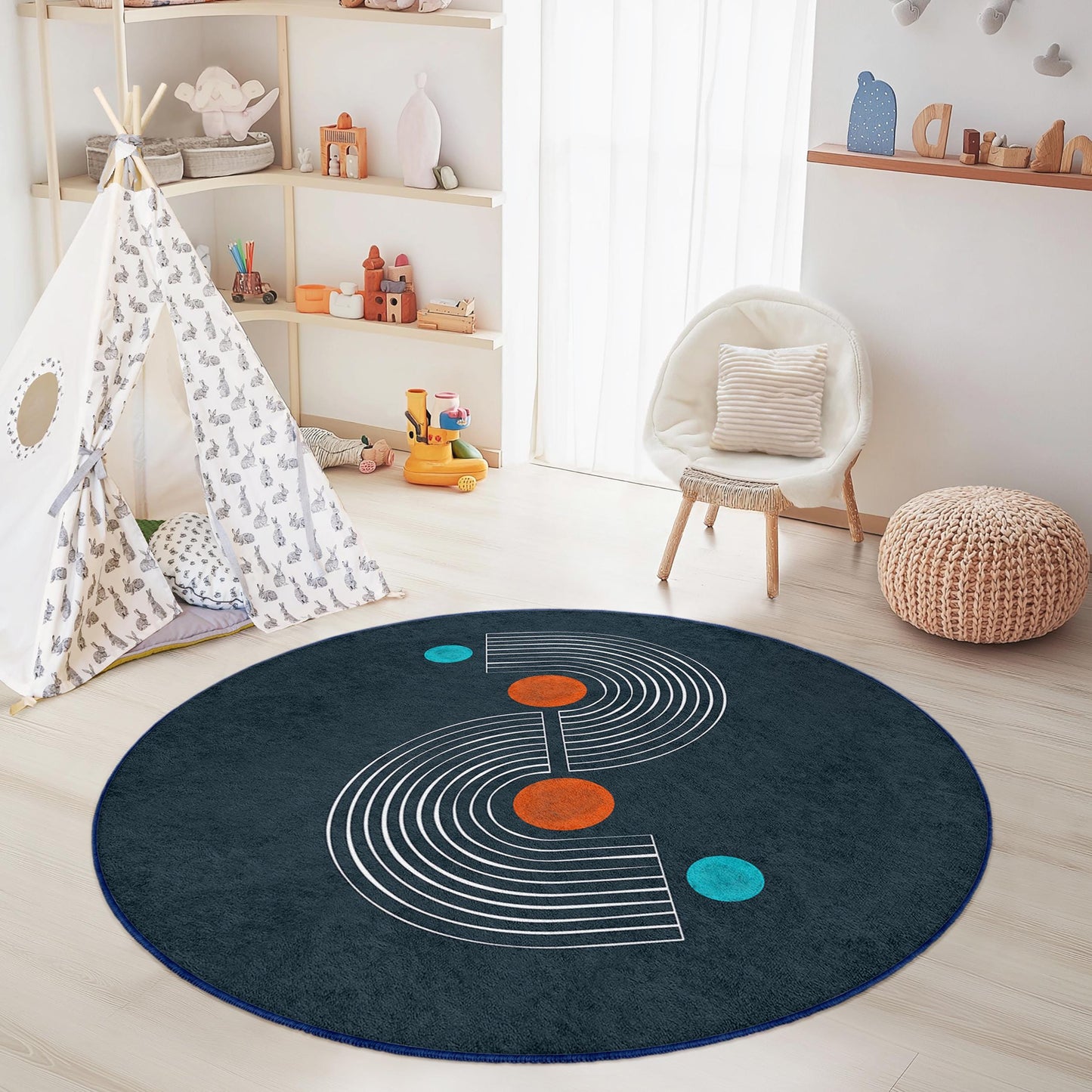 Geometric Round Area Rug, Modern Circle Rug, Kids Room Decor, Playroom Rug, Soft Circular Carpet, Stylish Nursery Rug