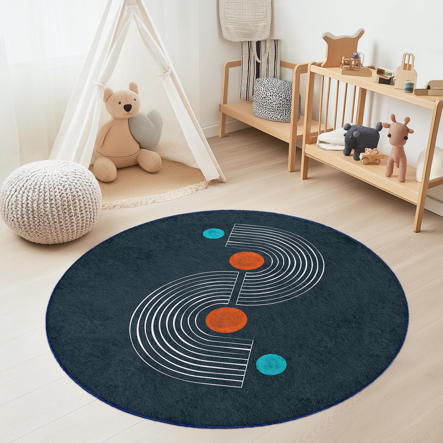 Geometric Round Area Rug, Modern Circle Rug, Kids Room Decor, Playroom Rug, Soft Circular Carpet, Stylish Nursery Rug