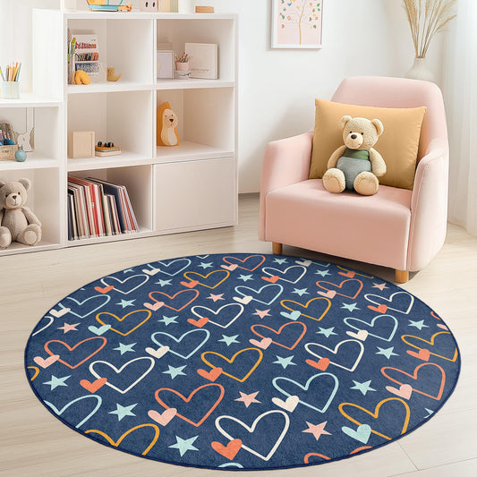 Colorful Heart and Star Pattern Round Kids Rug, Playful Round Carpet for Children's Room, Nursery Decor, Soft Play Mat